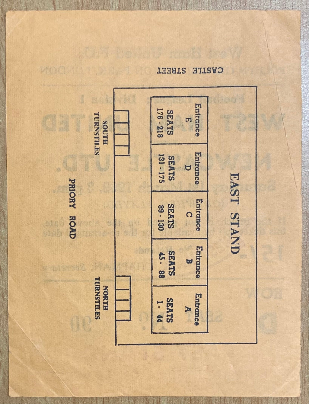 1968/69 ORIGINAL DIVISION 1 TICKET WEST HAM UNITED V NEWCASTLE UNITED