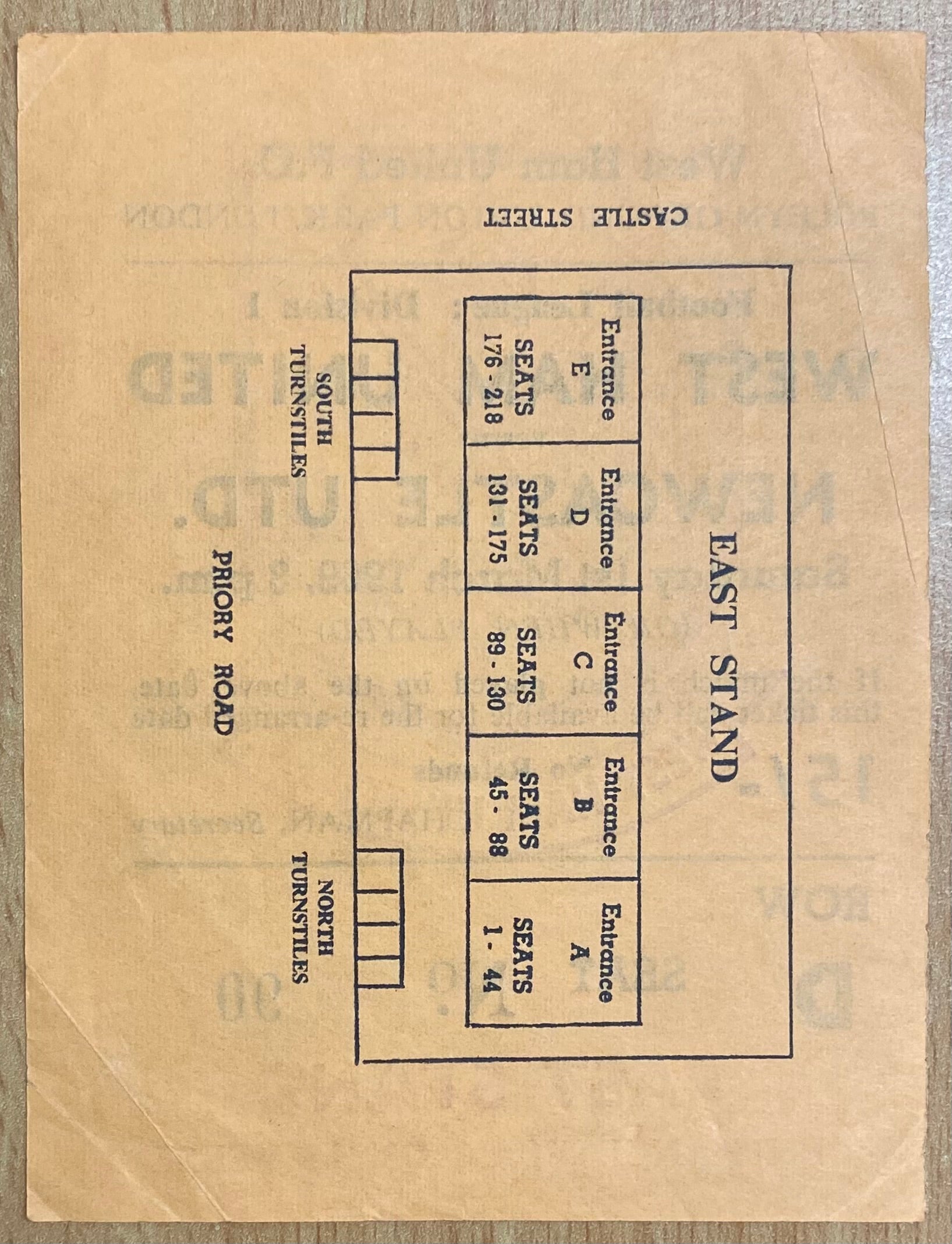 1968/69 ORIGINAL DIVISION 1 TICKET WEST HAM UNITED V NEWCASTLE UNITED