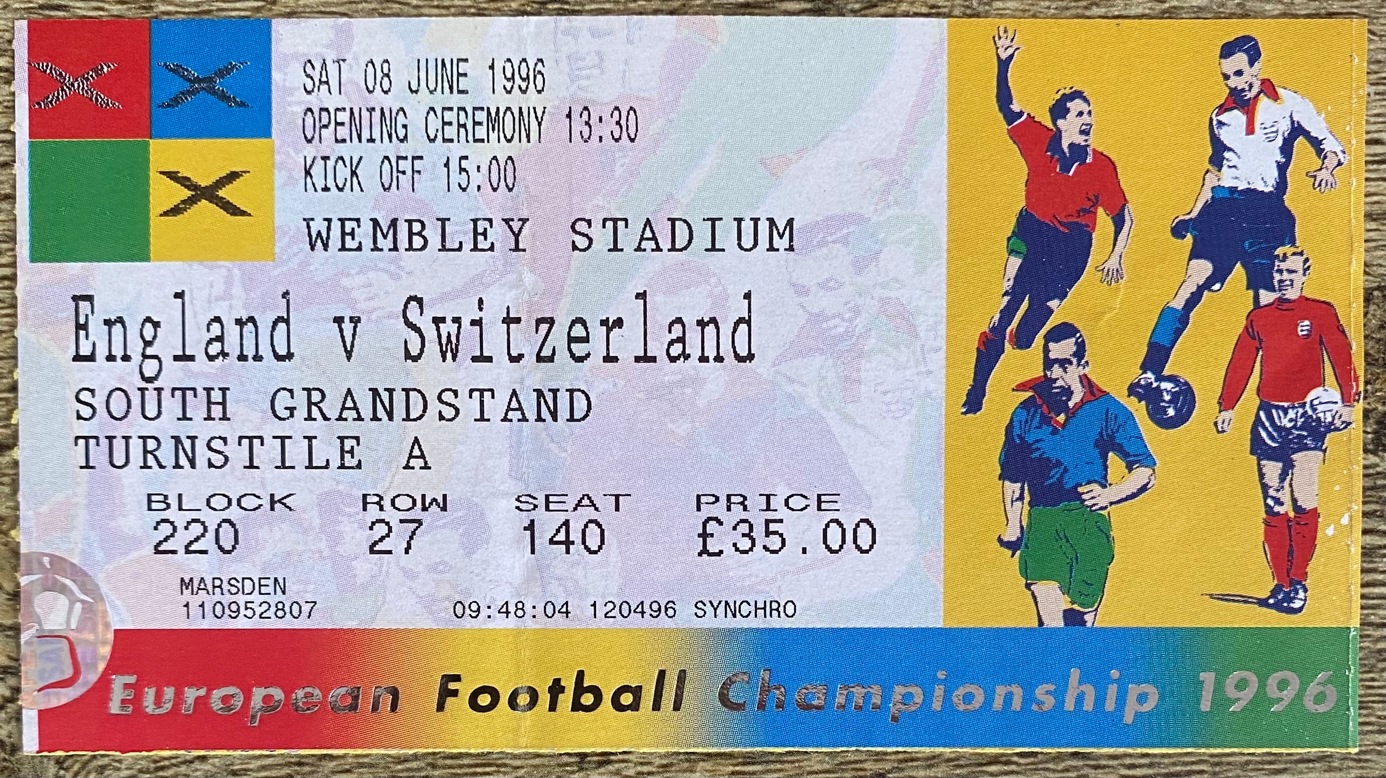 1996 ORIGINAL EUROPEAN CHAMPIONSHIPS EURO 96 OPENING MATCH TICKET ENGLAND V SWITZERLAND @ WEMBLEY