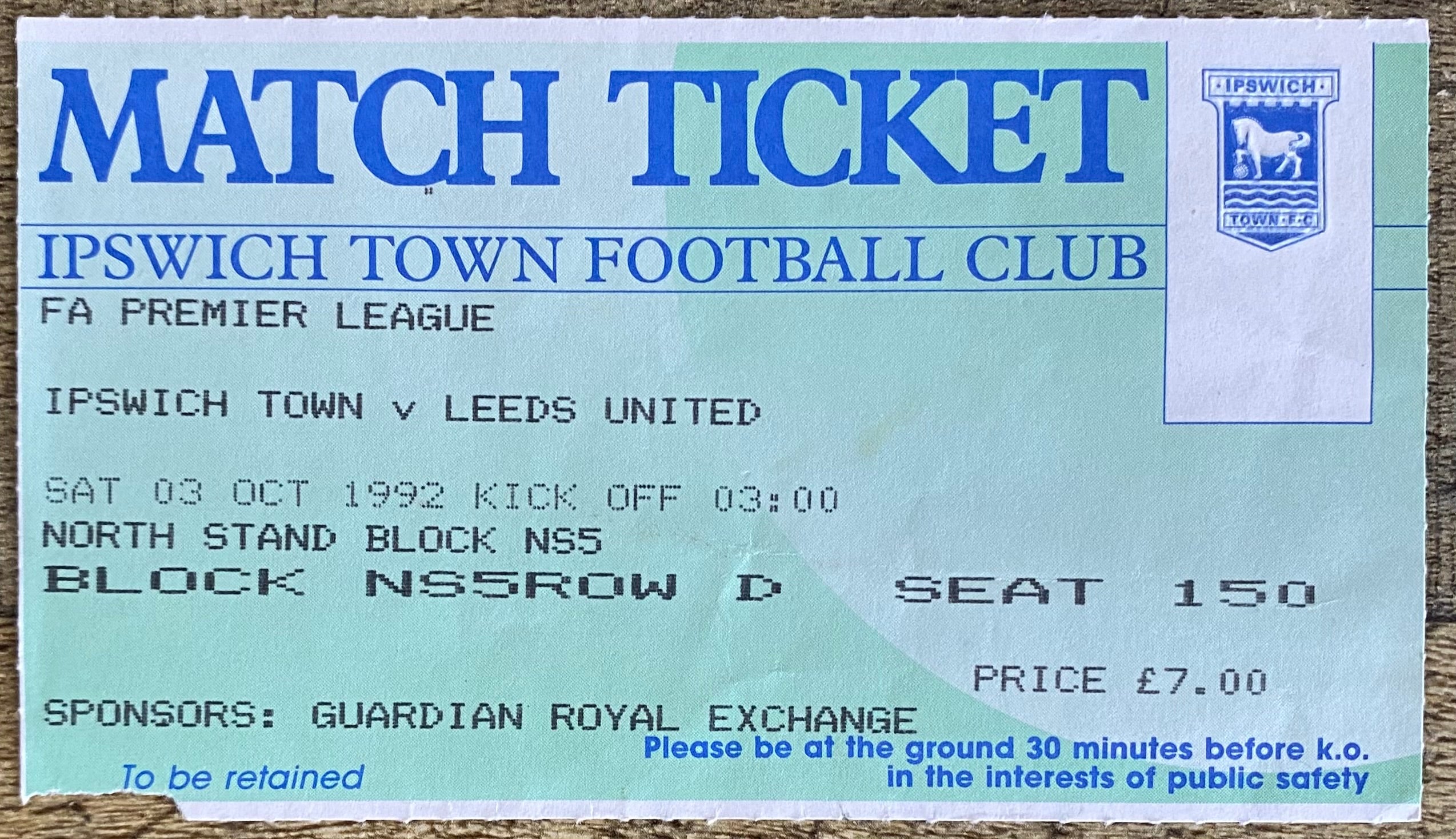 1992/93 ORIGINAL PREMIER LEAGUE TICKET IPSWICH TOWN V LEEDS UNITED