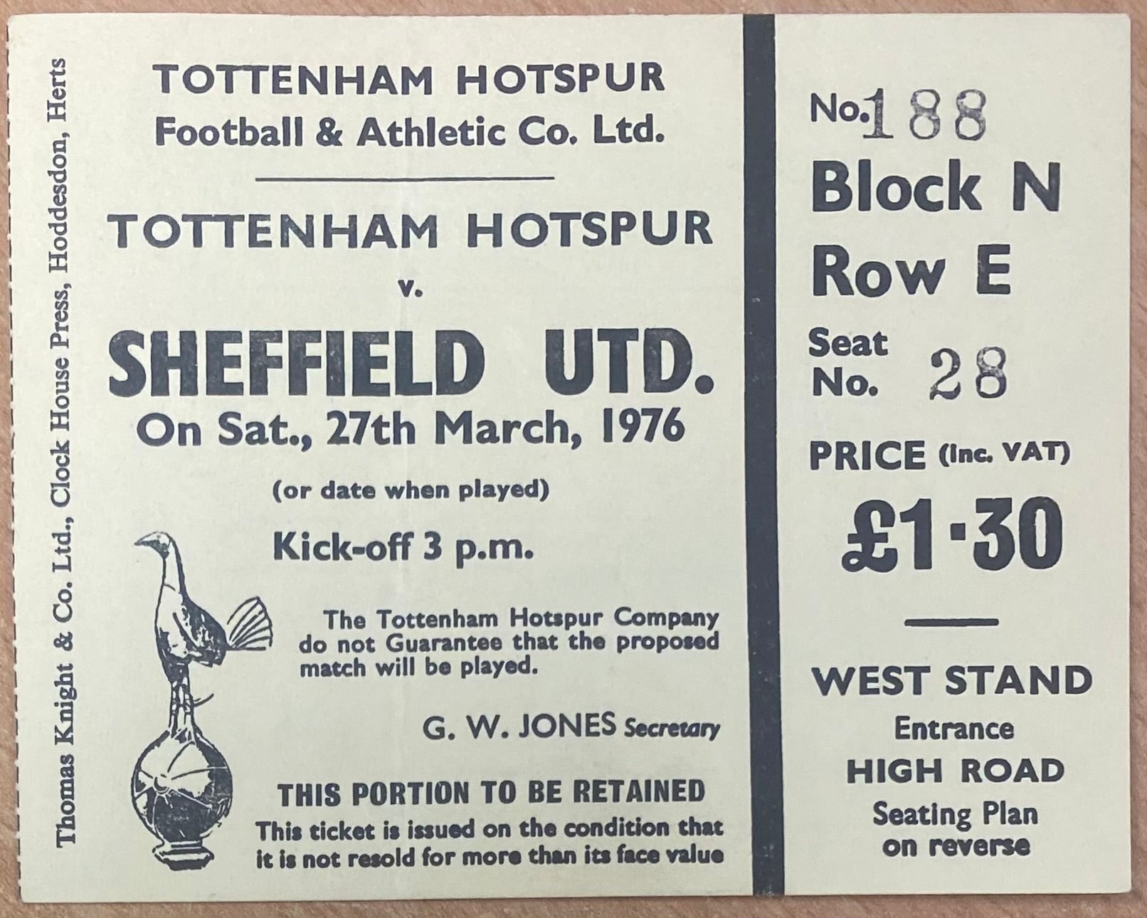 1975/76 ORIGINAL DIVISION ONE TICKET TOTTENHAM HOTSPUR V SHEFFIELD UNITED