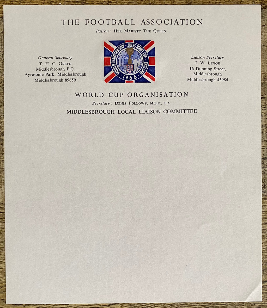 1966 WORLD CUP ORGANISATION ORIGINAL OFFICIAL UNUSED LETTER AYRESOME PARK