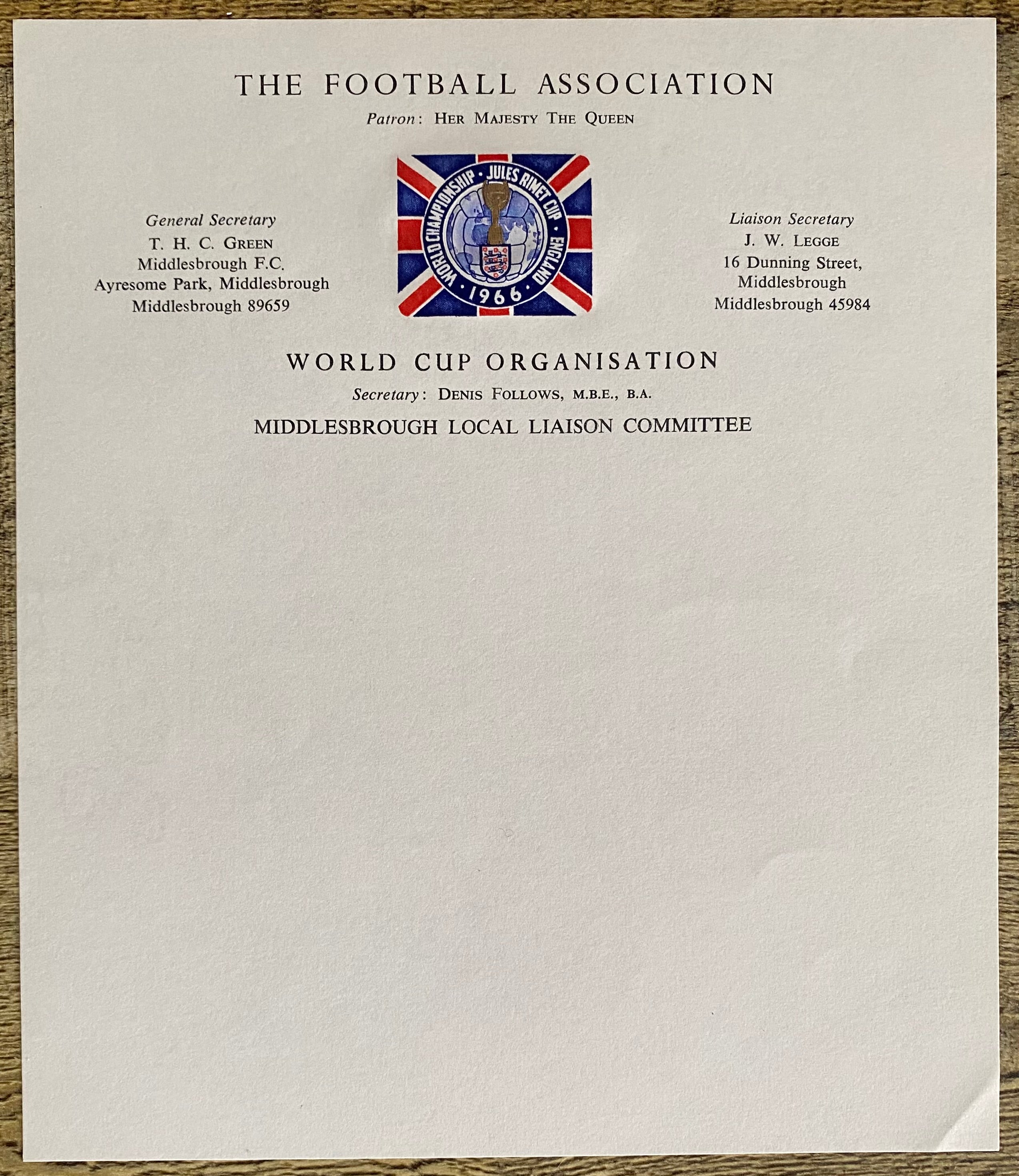 1966 WORLD CUP ORGANISATION ORIGINAL OFFICIAL UNUSED LETTER AYRESOME PARK