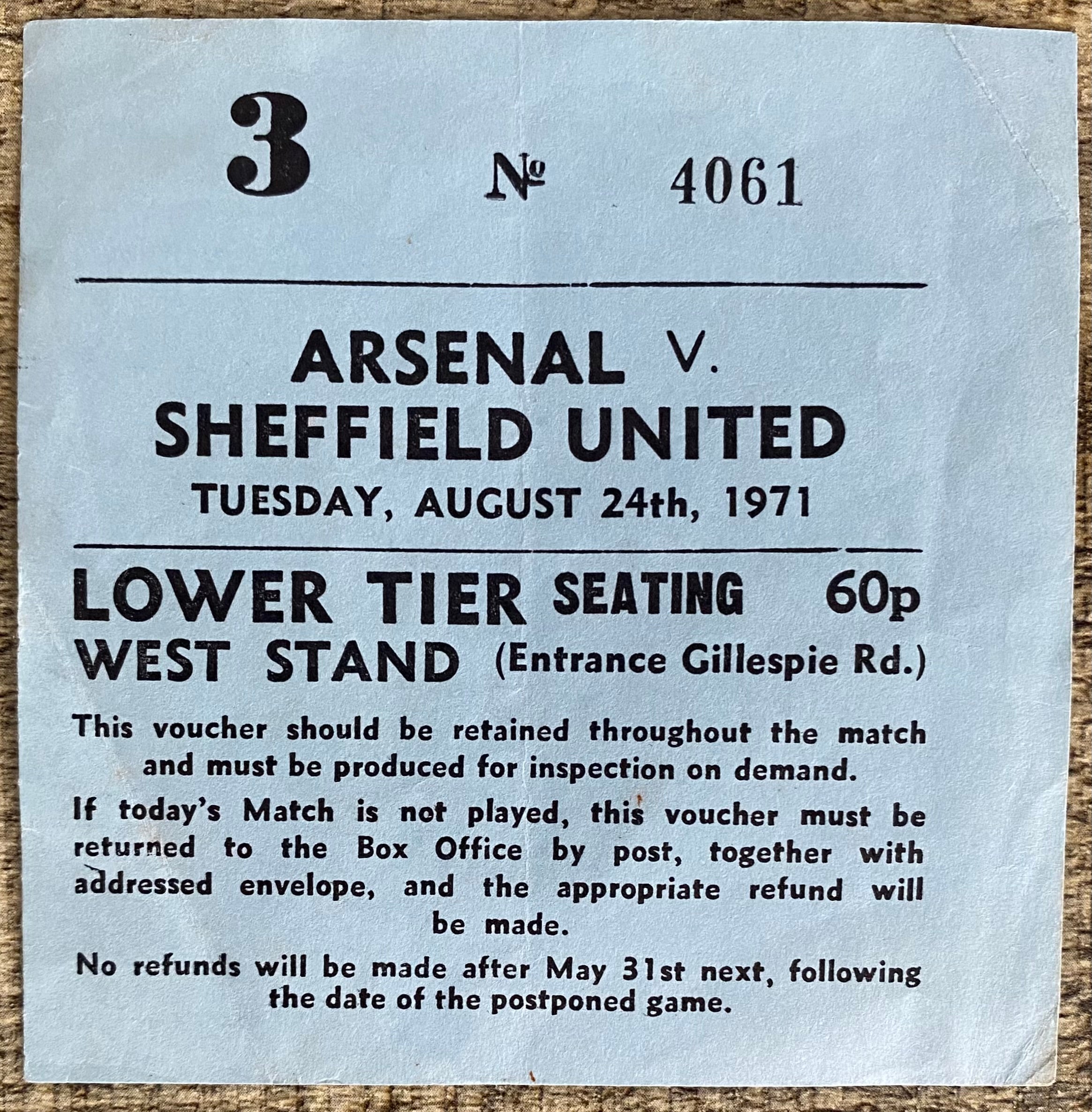 1971/72 ORIGINAL DIVISION ONE TICKET ARSENAL V SHEFFIELD UNITED