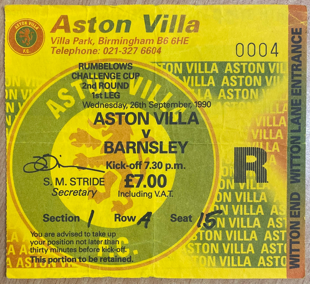 1990/91 ORIGINAL RUMBELOWS CUP 2ND ROUND 1ST LEG TICKET ASTON VILLA V BARNSLEY