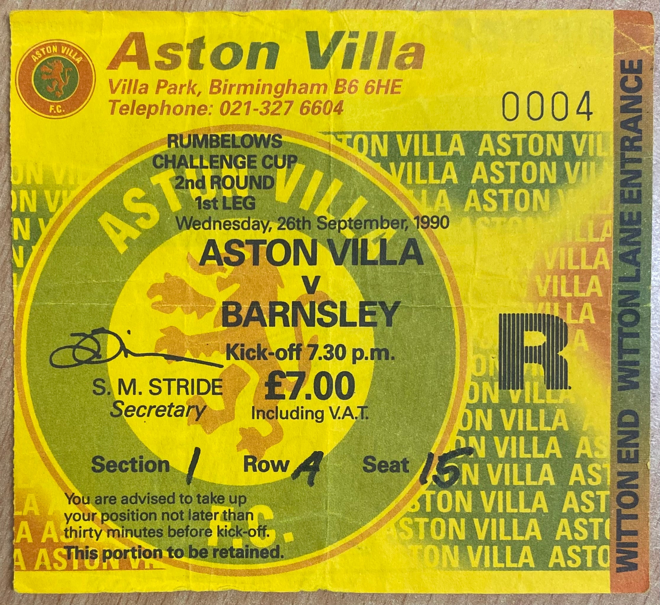 1990/91 ORIGINAL RUMBELOWS CUP 2ND ROUND 1ST LEG TICKET ASTON VILLA V BARNSLEY