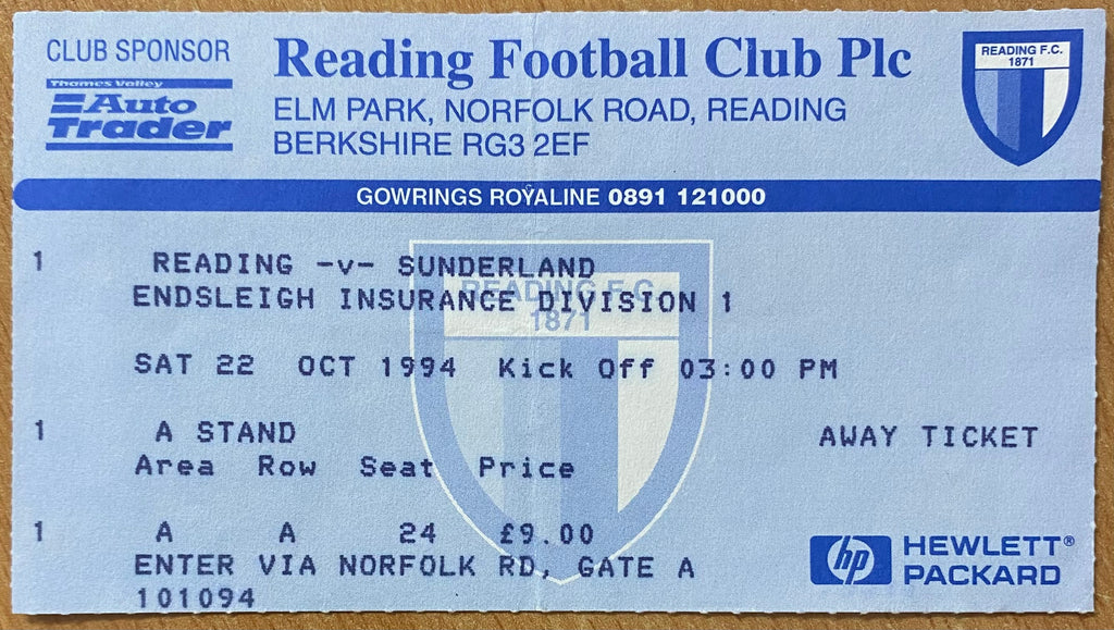 1994/95 ORIGINAL DIVISION 1 TICKET READING V SUNDERLAND