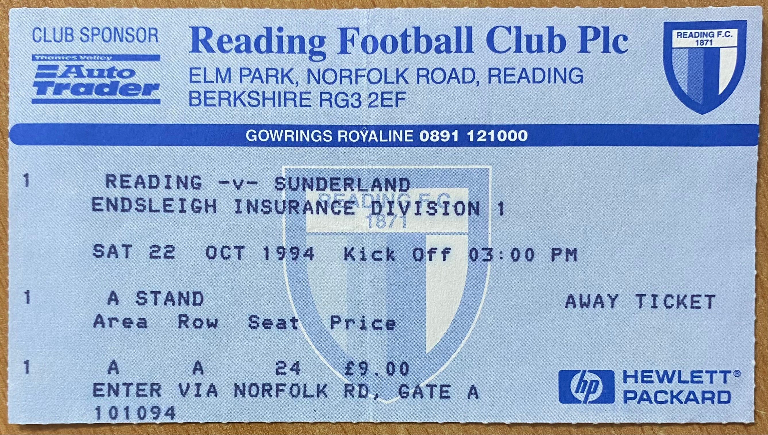 1994/95 ORIGINAL DIVISION 1 TICKET READING V SUNDERLAND