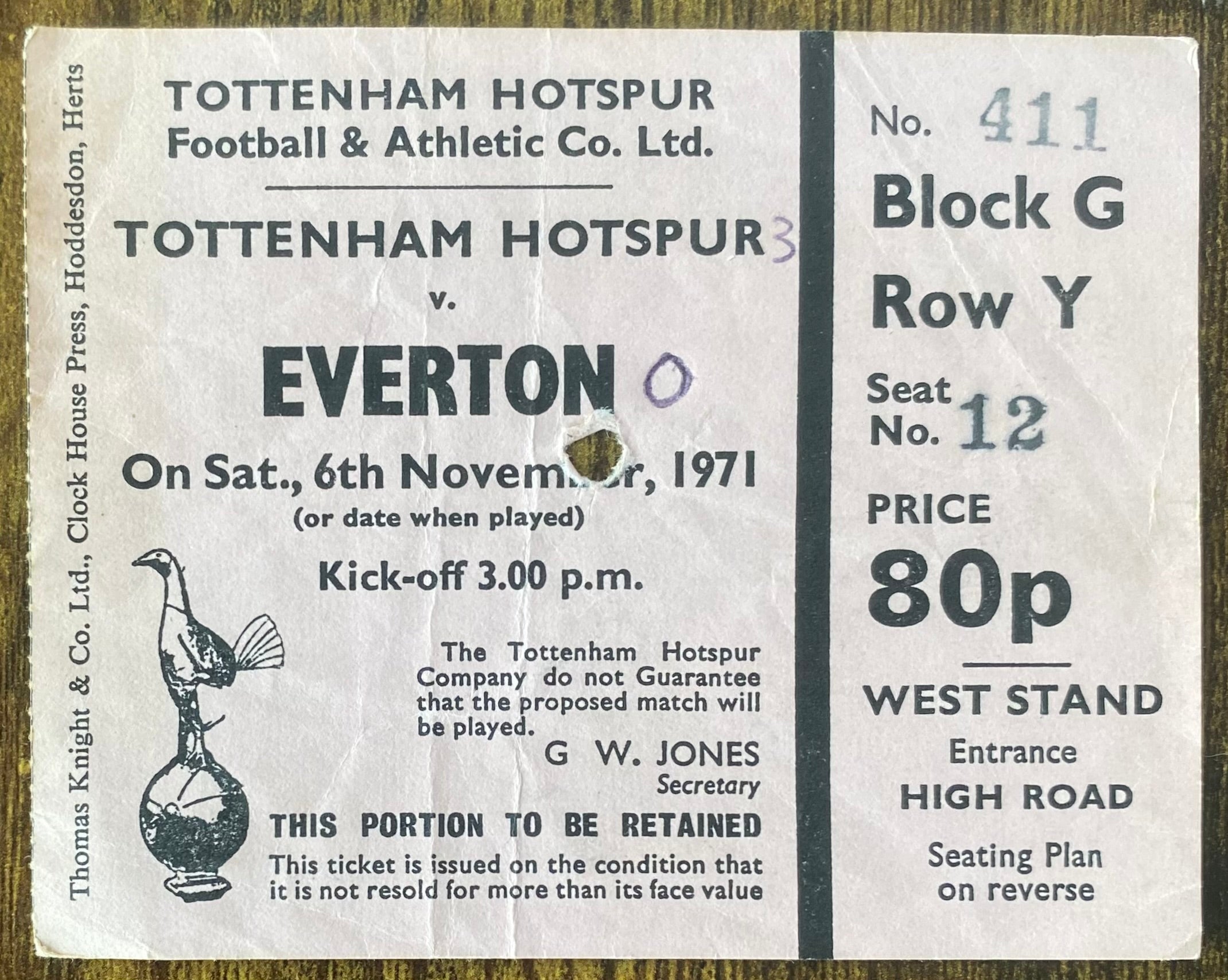 1971/72 ORIGINAL DIVISION ONE TICKET TOTTENHAM HOTSPUR V EVERTON