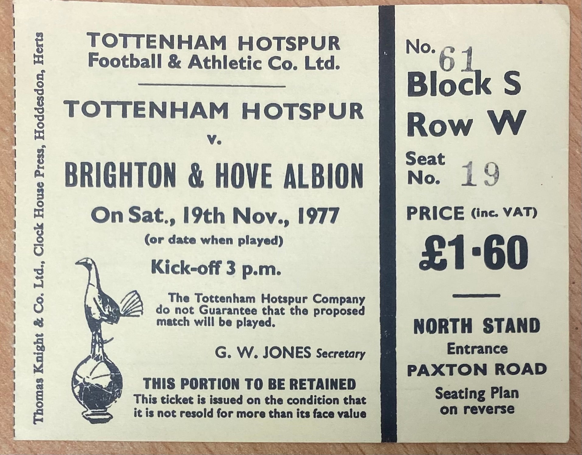 1977/78 ORIGINAL DIVISION TWO TICKET TOTTENHAM HOTSPUR V BRIGHTON AND HOVE ALBION