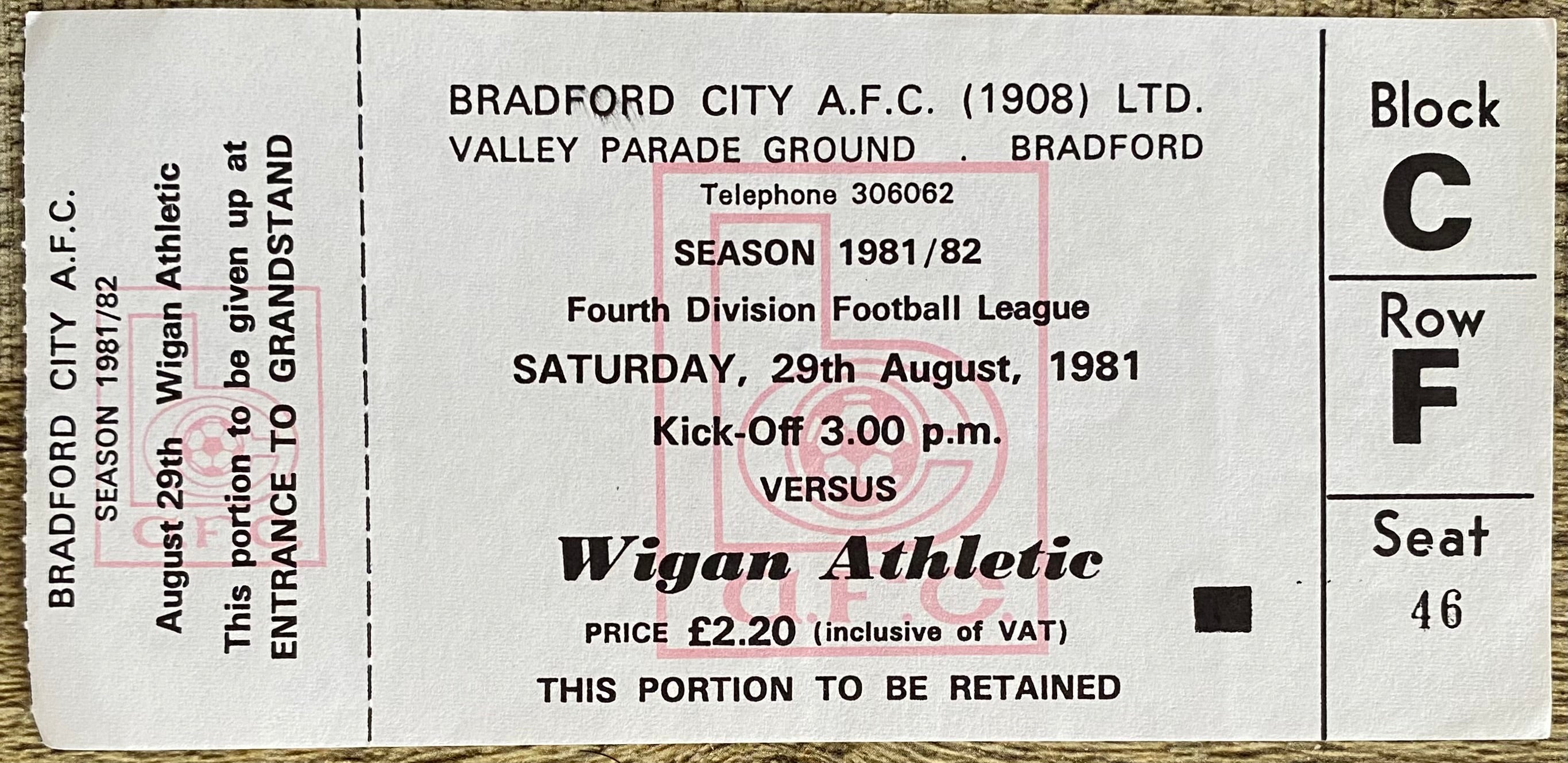 1981/82 ORIGINAL DIVISION 4 UNUSED TICKET BRADFORD CITY V WIGAN ATHLETIC