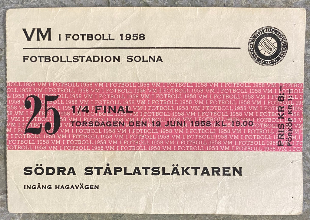 1958 ORIGINAL WORLD CUP QUARTER FINAL TICKET SWEDEN V SOVIET UNION @ SOLNA (STOCKHOLM)