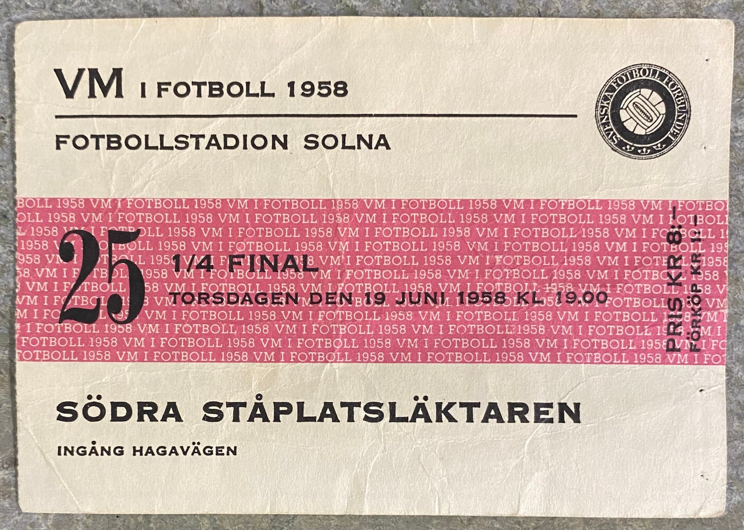 1958 ORIGINAL WORLD CUP QUARTER FINAL TICKET SWEDEN V SOVIET UNION @ SOLNA (STOCKHOLM)