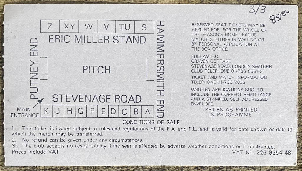 1983/84 ORIGINAL DIVISION 2 TICKET FULHAM V NEWCASTLE UNITED