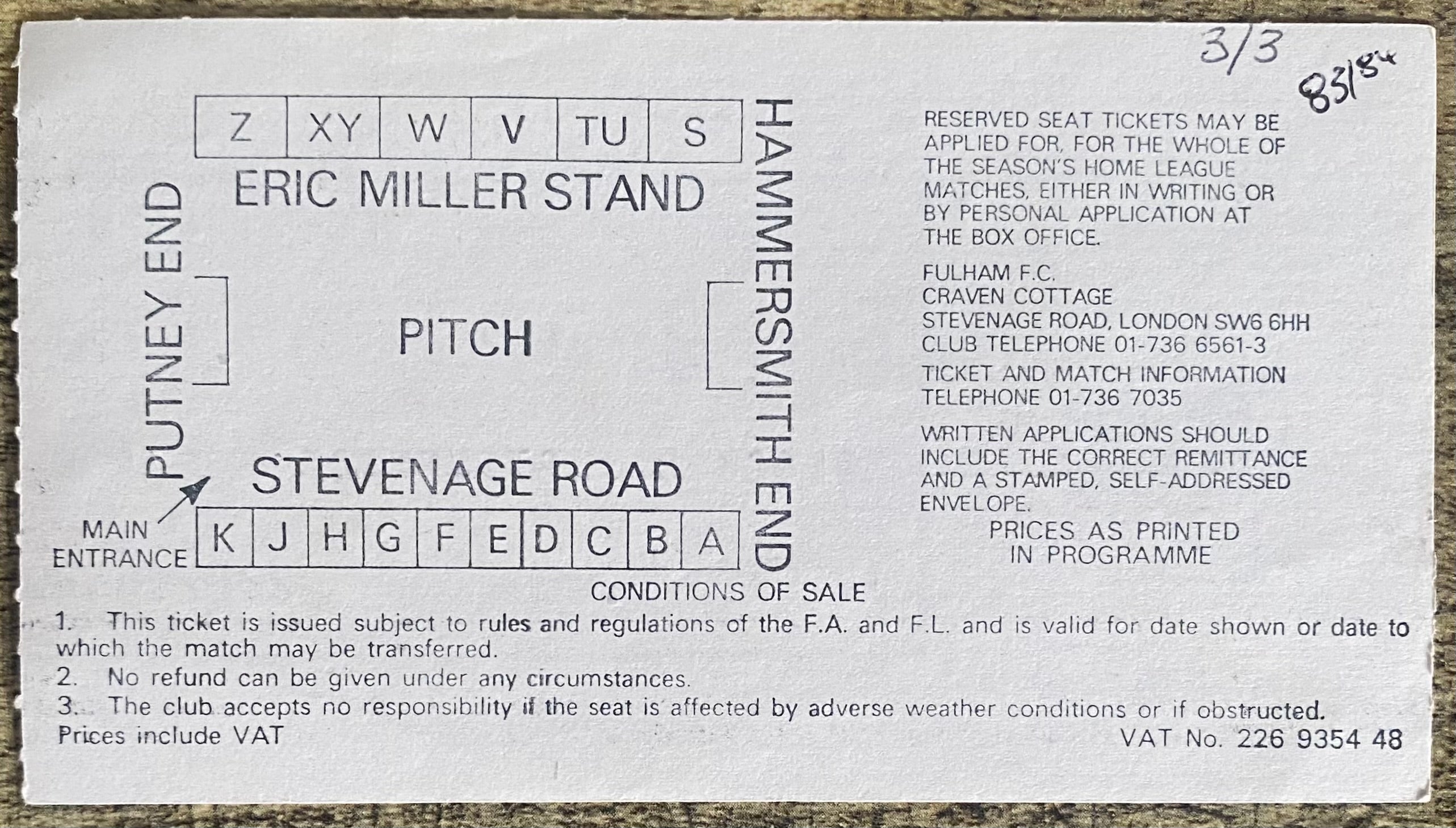 1983/84 ORIGINAL DIVISION 2 TICKET FULHAM V NEWCASTLE UNITED