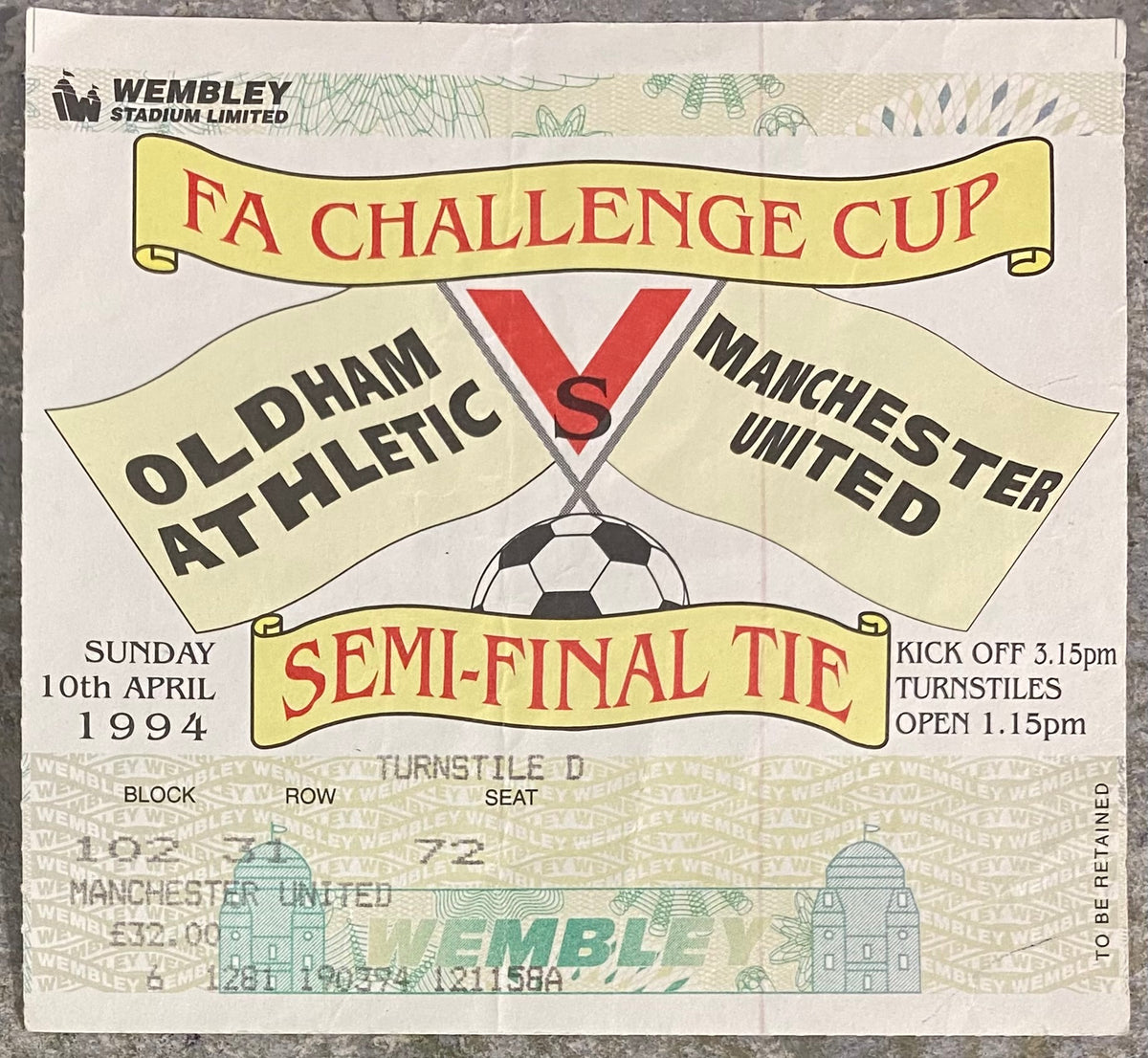 1994 ORIGINAL FA CUP SEMI FINAL TICKET OLDHAM ATHLETIC V MANCHESTER UNITED