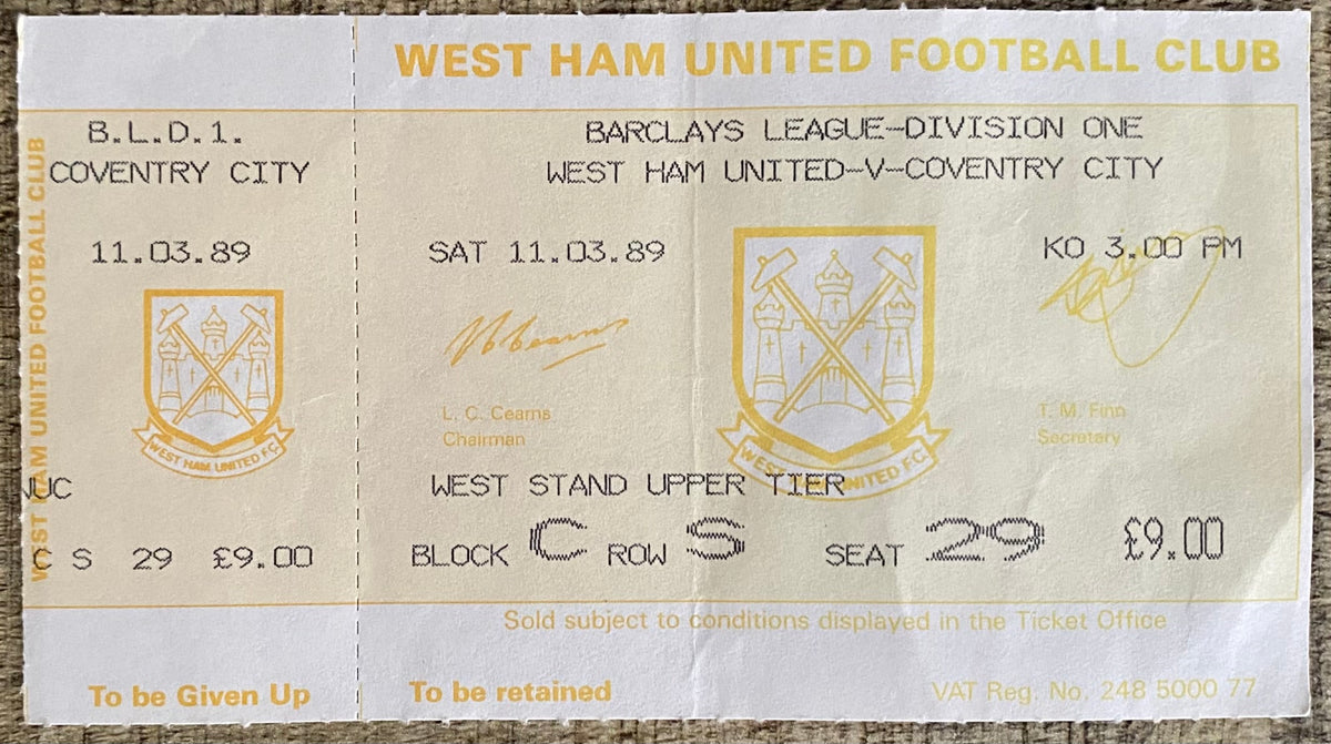 1988/89 ORIGINAL UNUSED DIVISION ONE TICKET WEST HAM UNITED V COVENTRY CITY