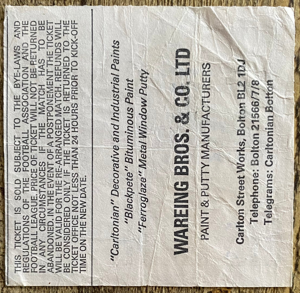 1979/80 ORIGINAL DIVISION 1 TICKET BOLTON WANDERERS V ASTON VILLA