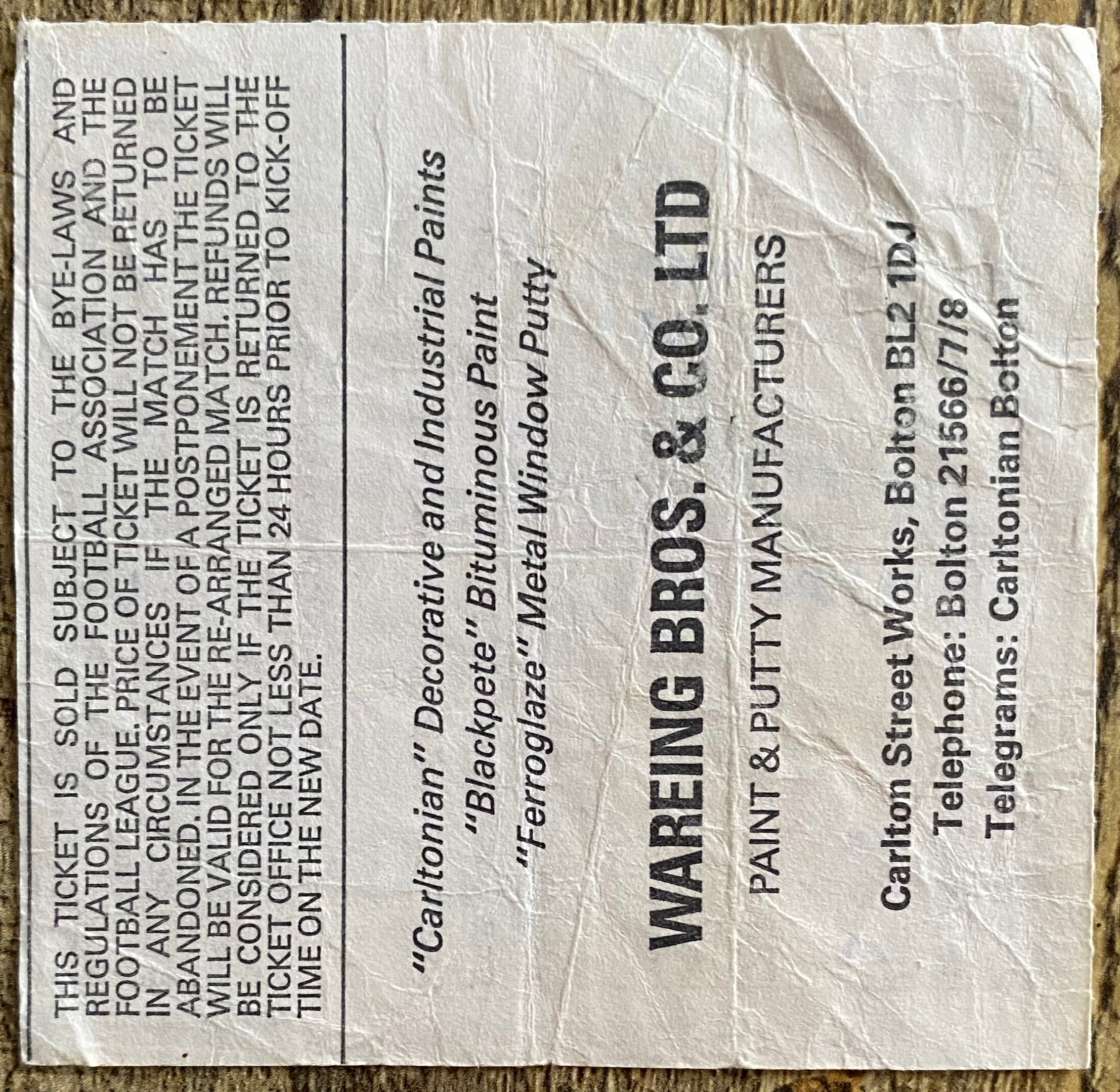 1979/80 ORIGINAL DIVISION 1 TICKET BOLTON WANDERERS V ASTON VILLA