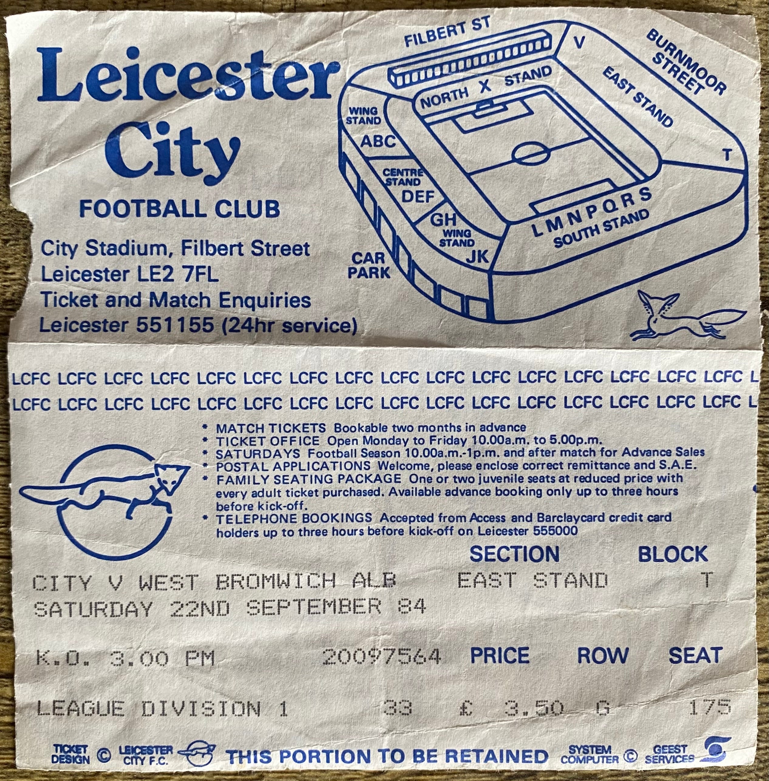 1984/85 ORIGINAL DIVISION ONE TICKET LEICESTER CITY V WEST BROMWICH ALBION