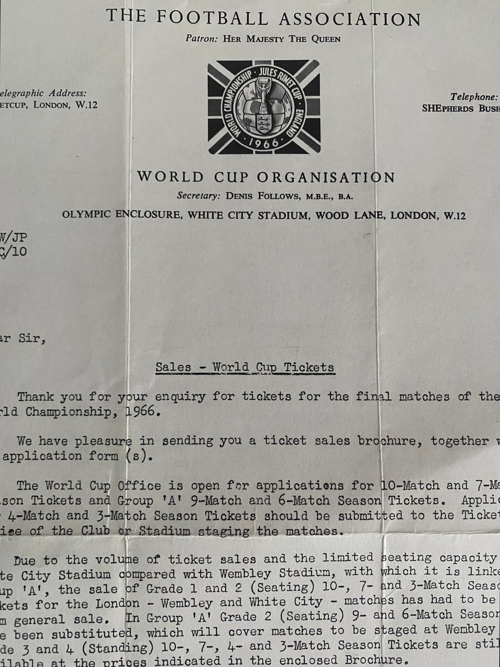 1966 WORLD CUP ORIGINAL OFFICIAL LETTER (TICKET SALES ENQUIRY) JULY 1965