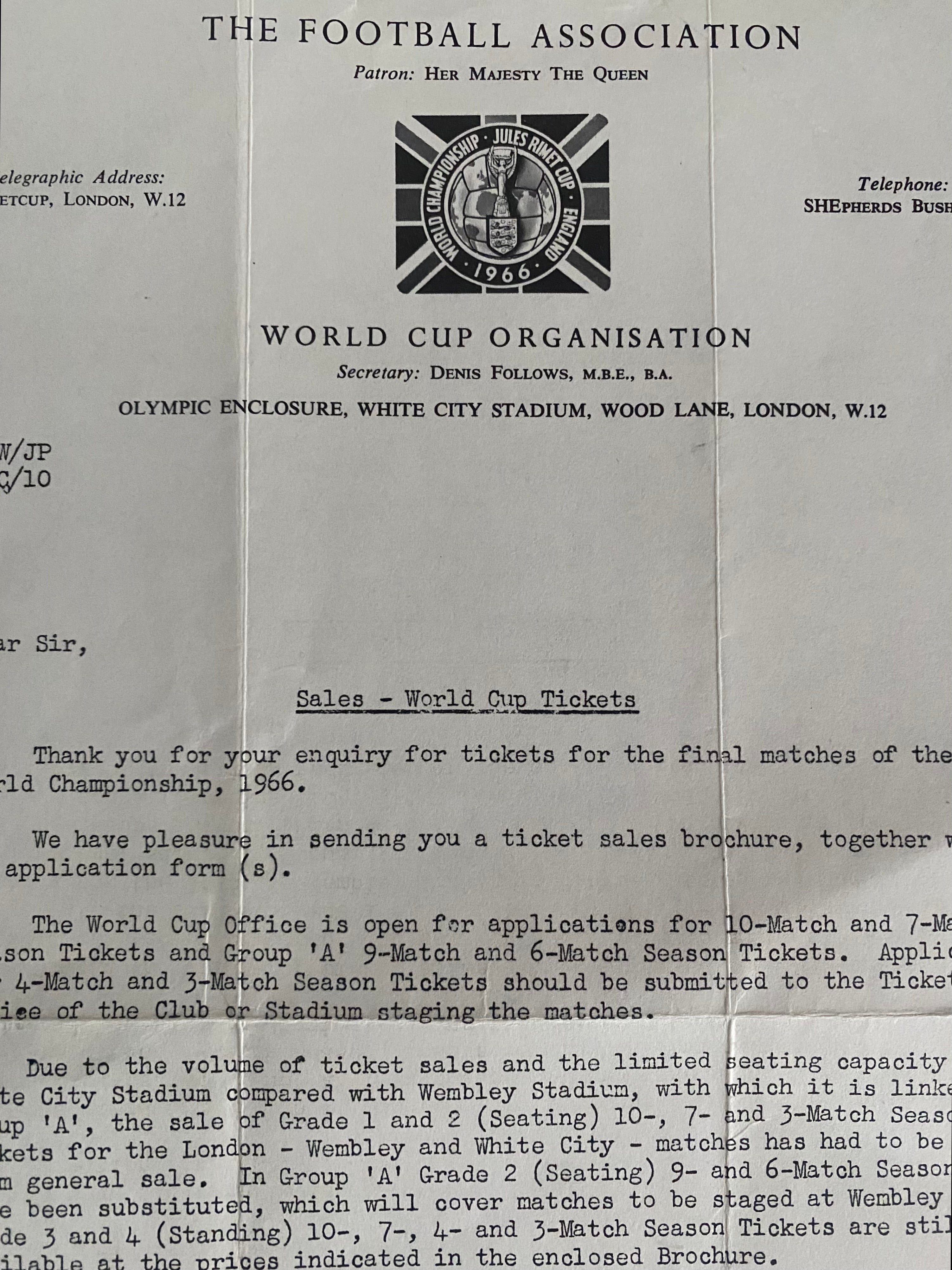1966 WORLD CUP ORIGINAL OFFICIAL LETTER (TICKET SALES ENQUIRY) JULY 1965