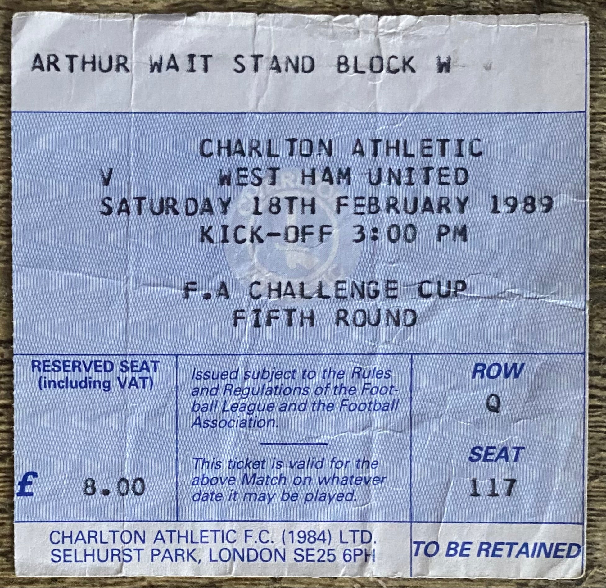 1988/89 ORIGINAL FA CUP 5TH ROUND TICKET CHARLTON ATHLETIC V WEST HAM UNITED
