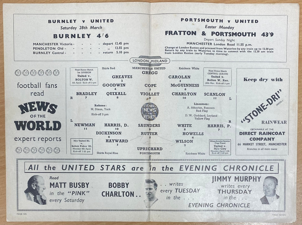 1958/59 ORIGINAL DIVISION ONE PROGRAMME MANCHESTER UNITED V PORTSMOUTH