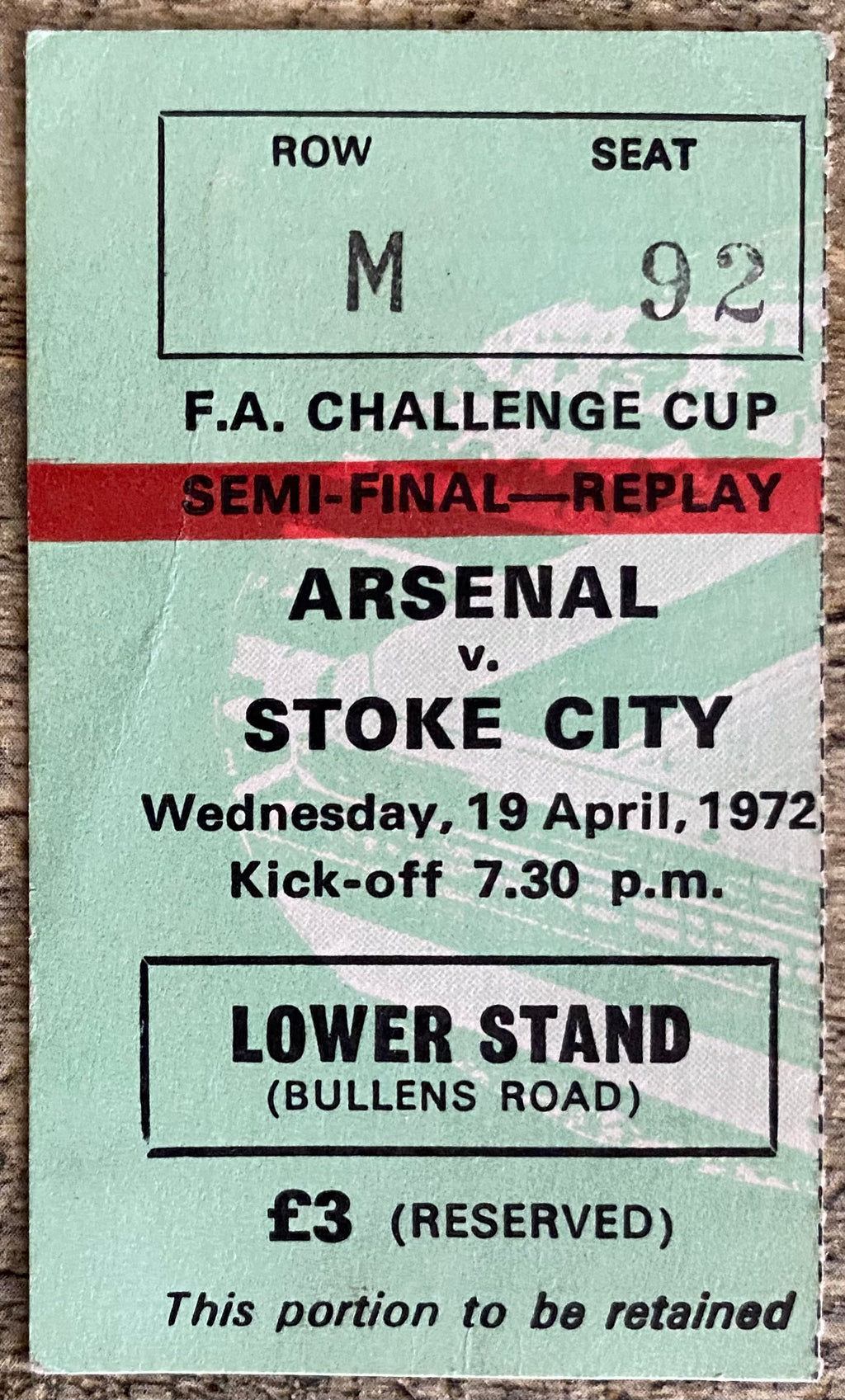 1972 ORIGINAL FA CUP SEMI FINAL REPLAY TICKET STOKE CITY V ARSENAL @ GOODISON PARK