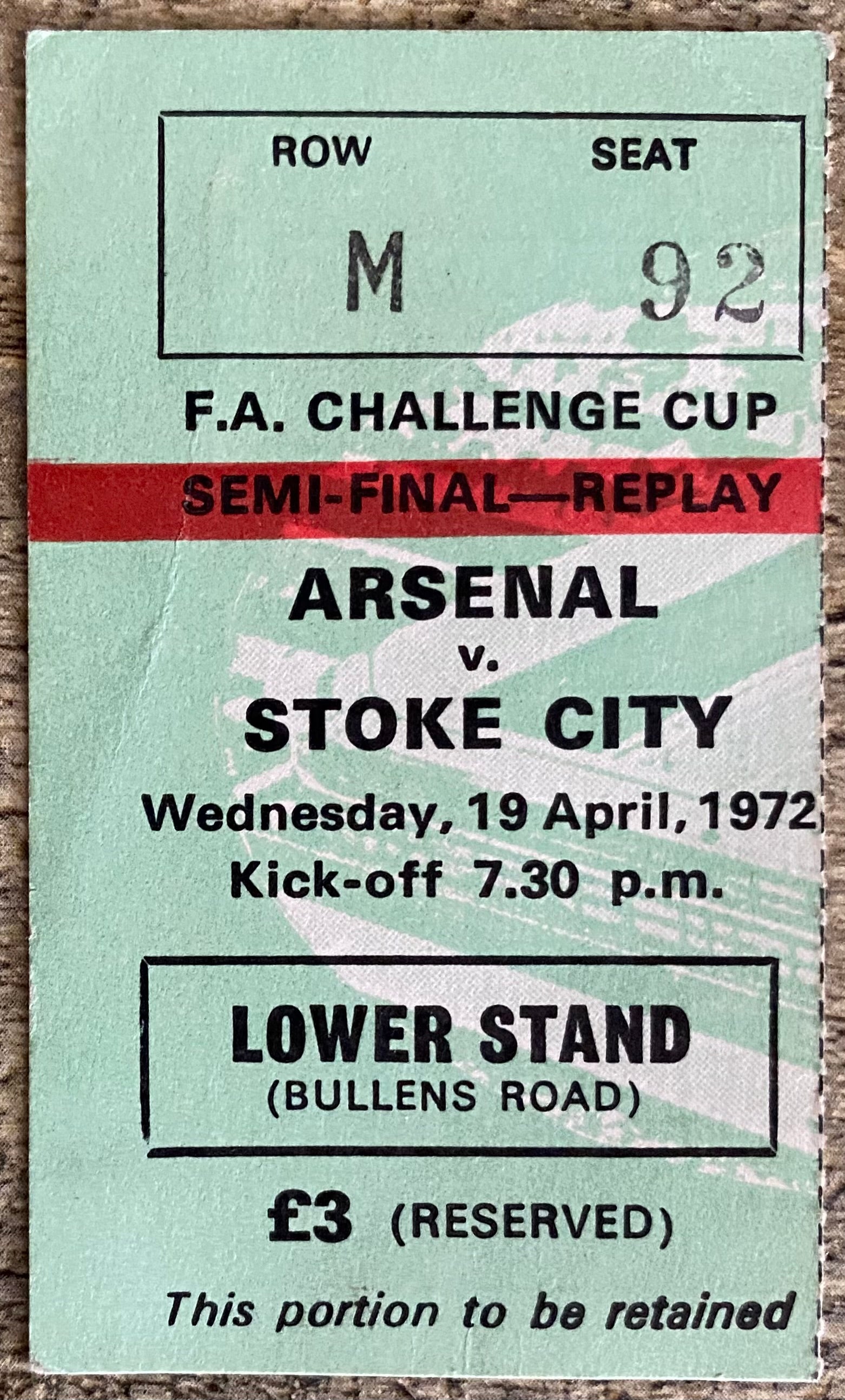 1972 ORIGINAL FA CUP SEMI FINAL REPLAY TICKET STOKE CITY V ARSENAL @ GOODISON PARK