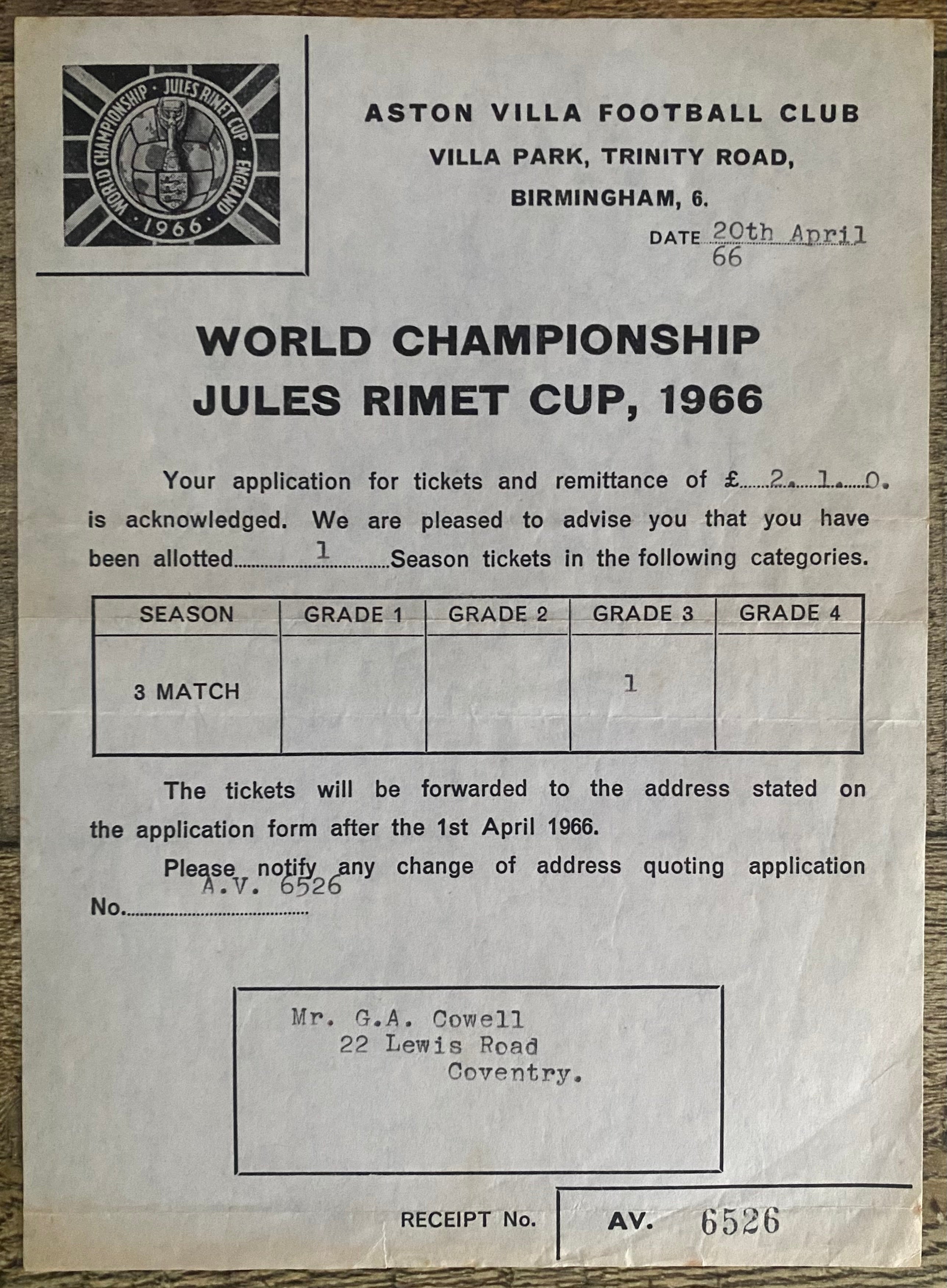 1966 WORLD CUP ORIGINAL OFFICIAL LETTER (TICKET SALES) FOR 3 MATCH TICKETS AT VILLA PARK