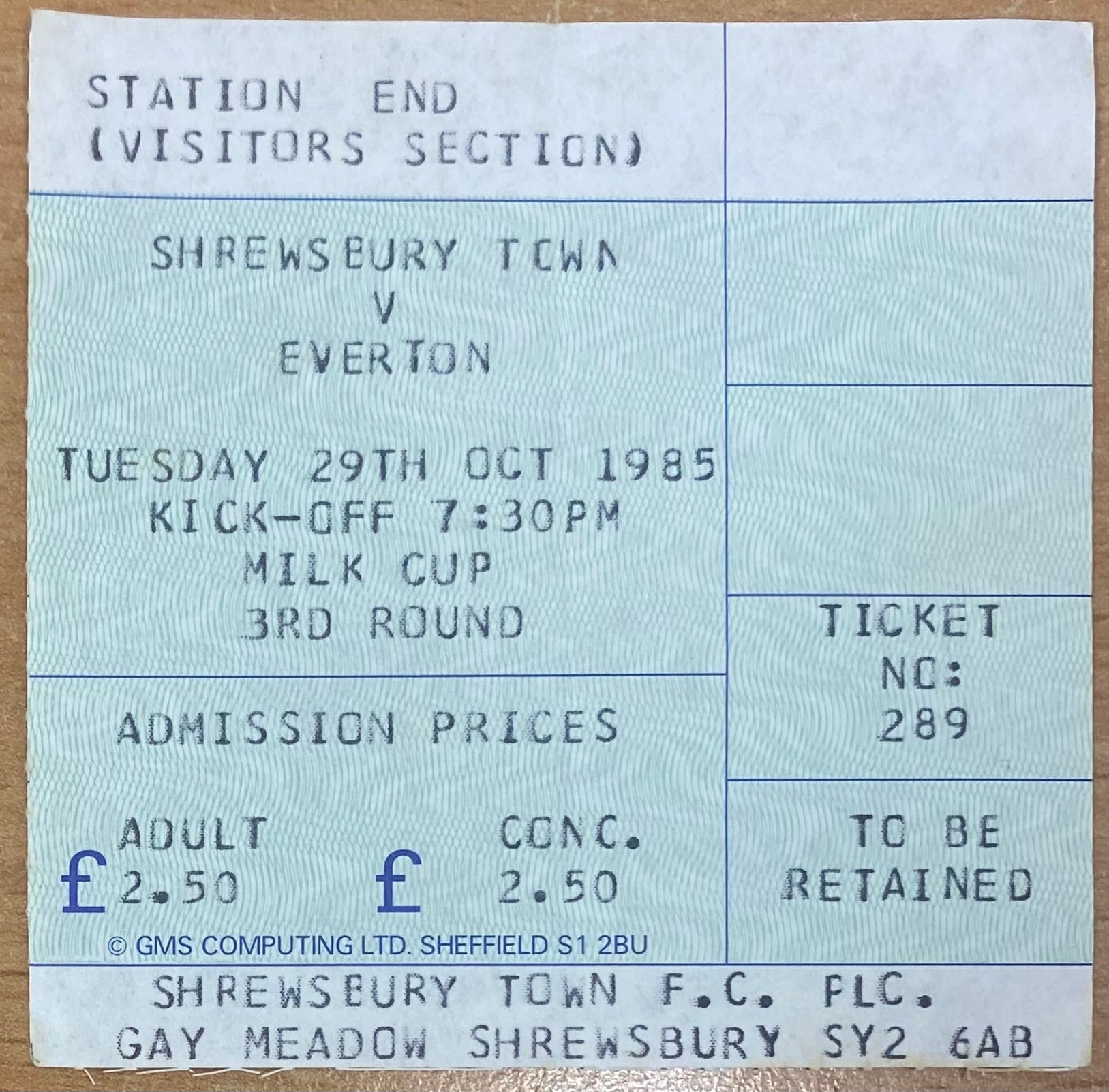 1985/86 ORIGINAL MILK CUP 3RD ROUND TICKET SHREWSBURY TOWN V EVERTON