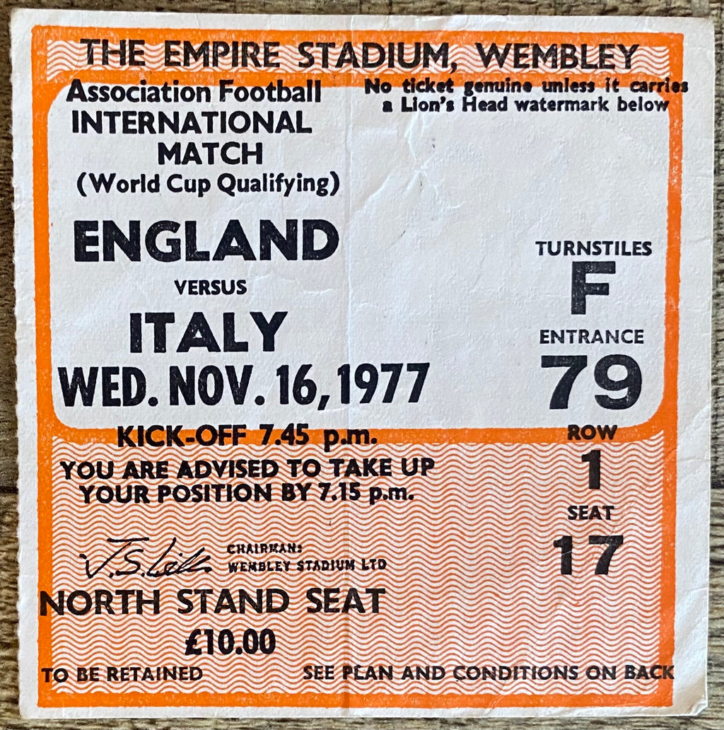 1977 ORIGINAL WORLD CUP QUALIFYING TICKET ENGLAND V ITALY