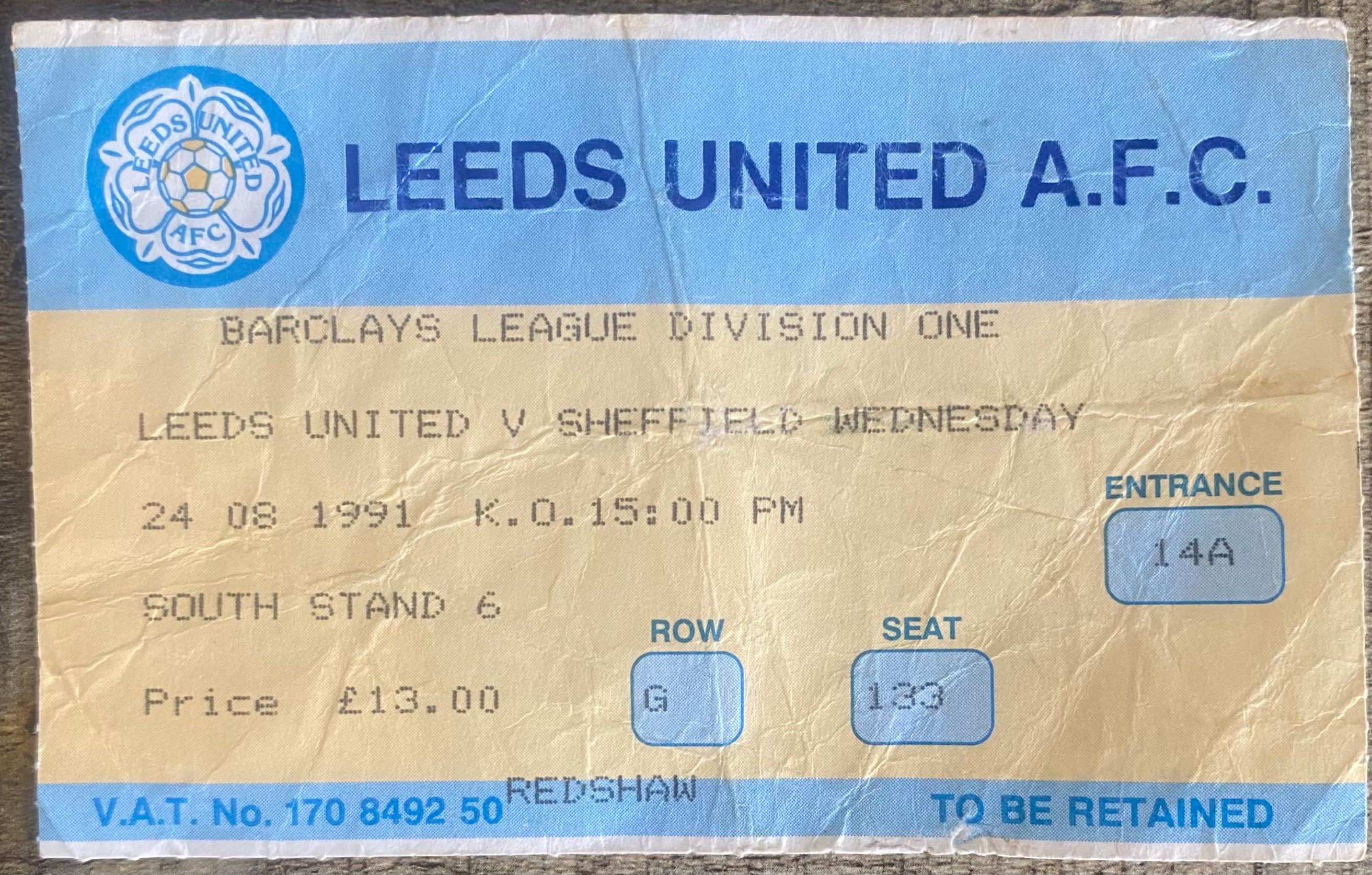 1991/92 ORIGINAL DIVISION 1 TICKET LEEDS UNITED V SHEFFIELD WEDNESDAY