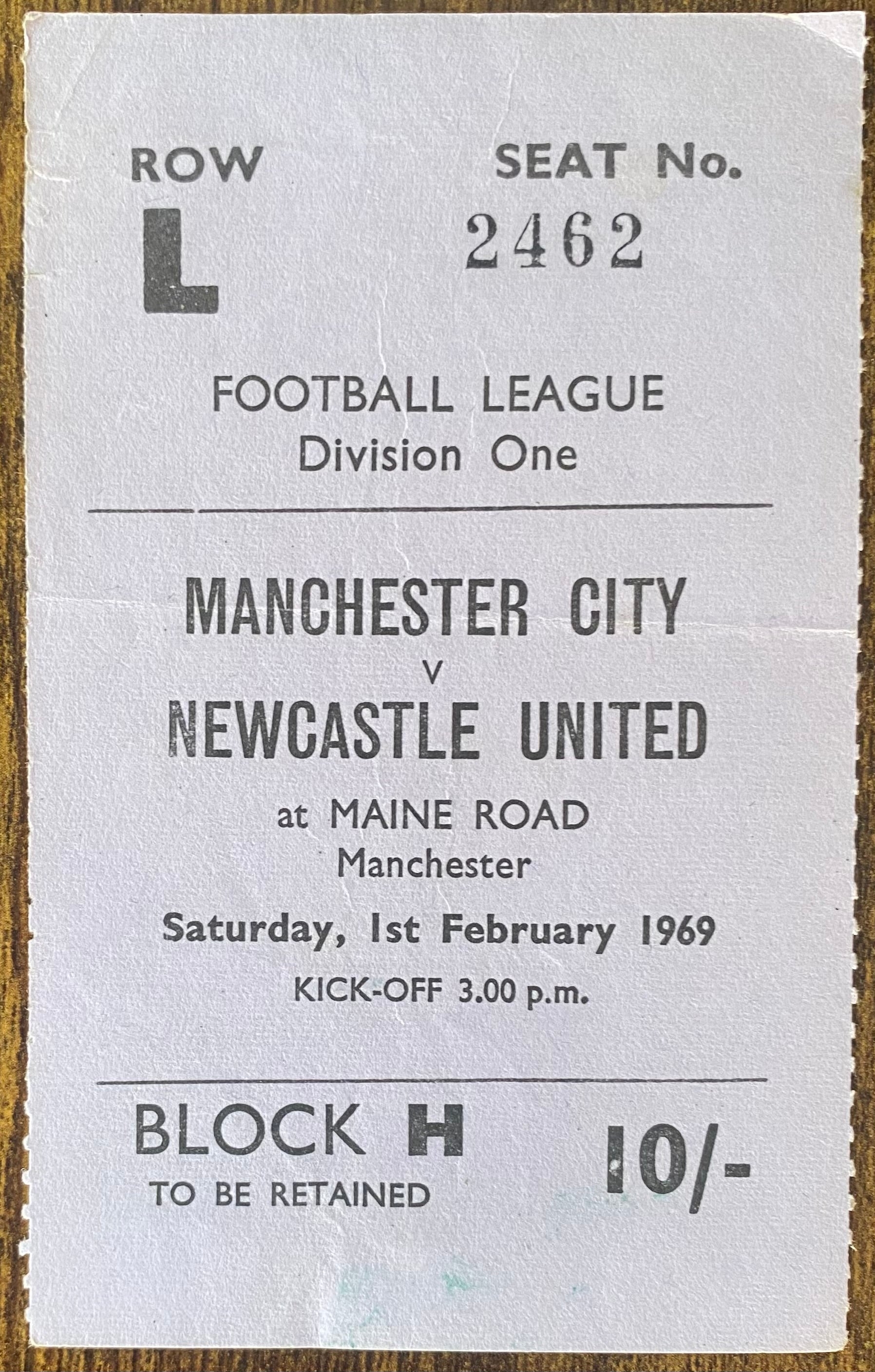 1968/69 ORIGINAL DIVISION ONE TICKET MANCHESTER CITY V NEWCASTLE UNITED