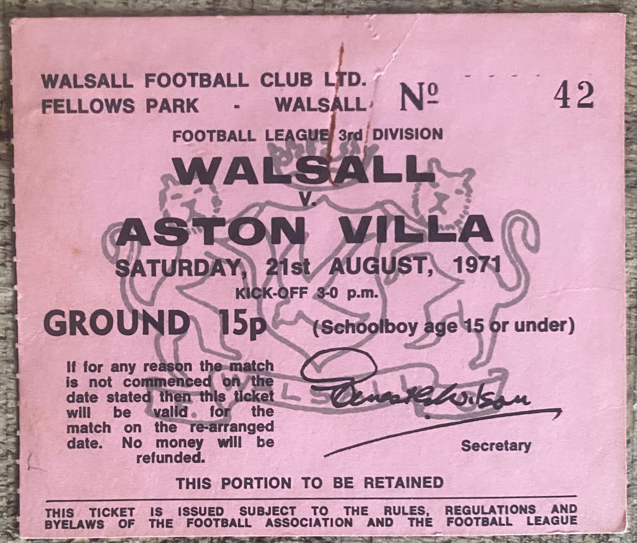 1971/72 ORIGINAL DIVISION 3 TICKET WALSALL V ASTON VILLA