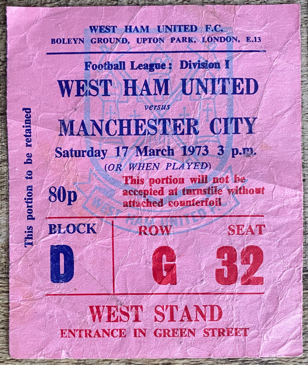 1972/73 ORIGINAL DIVISION ONE TICKET WEST HAM UNITED V MANCHESTER CITY