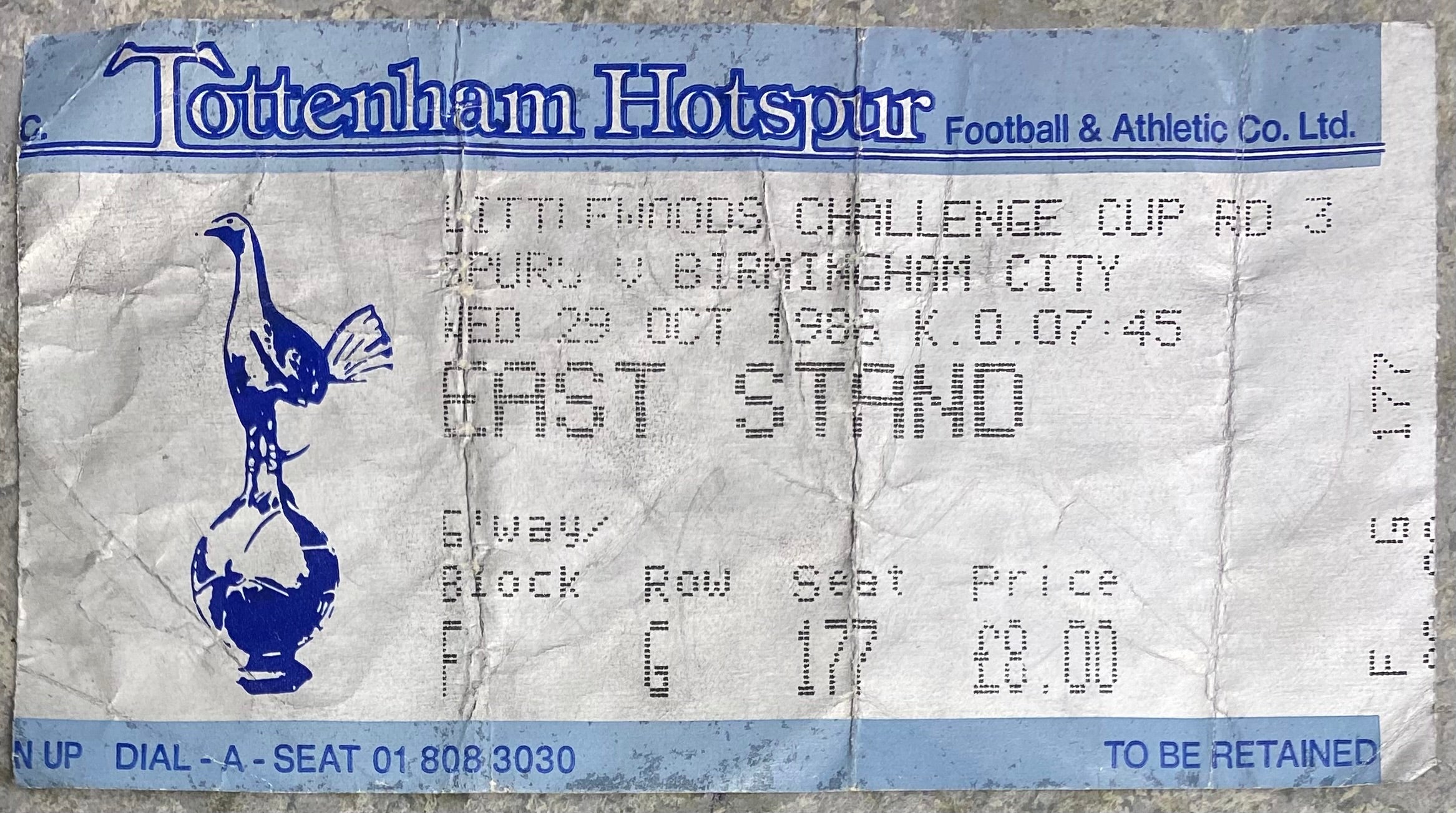 1986/87 ORIGINAL LITTLEWOODS CUP 3RD ROUND TICKET TOTTENHAM HOTSPUR V BIRMINGHAM CITY
