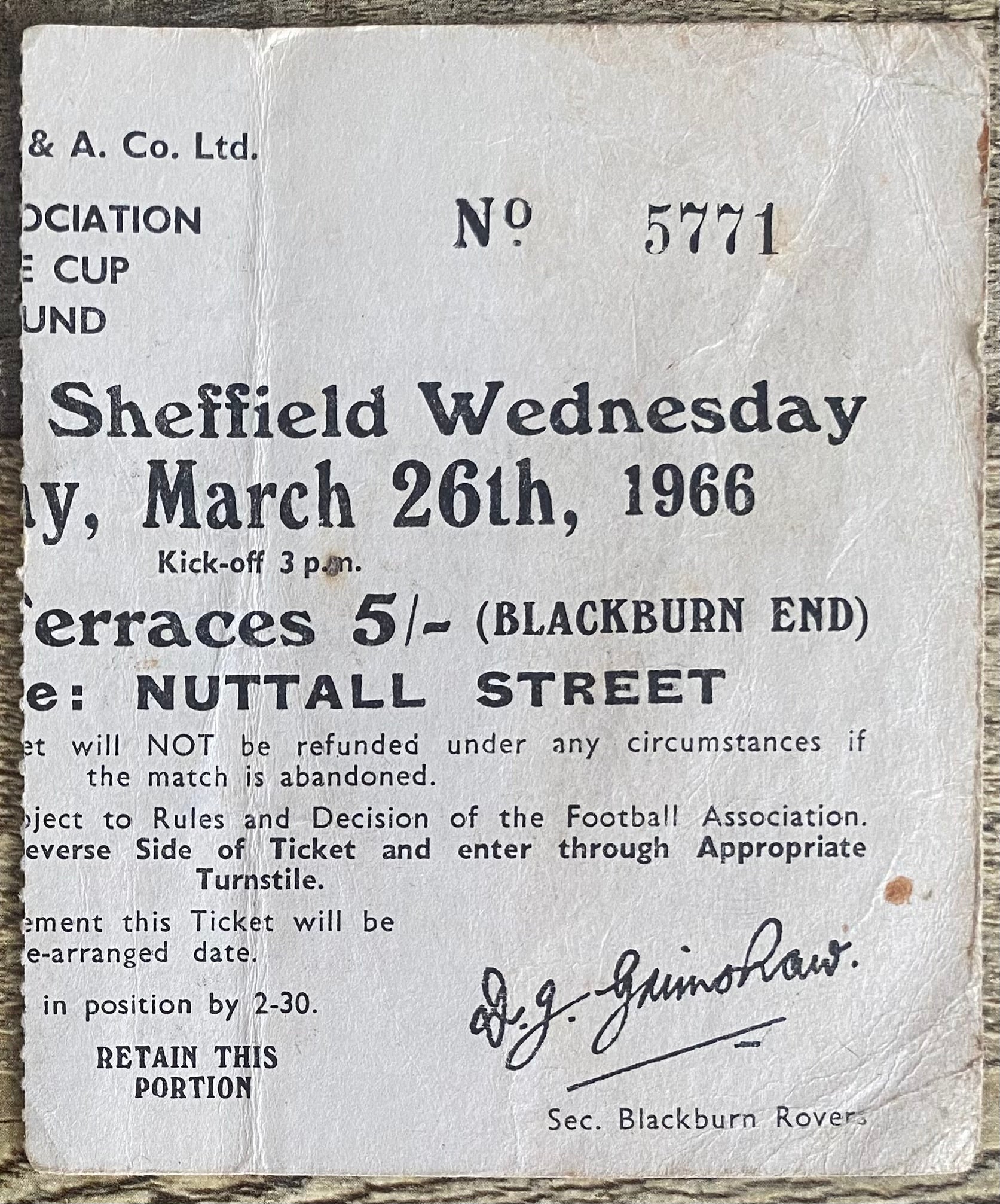 1965/66 ORIGINAL FA CUP 6TH ROUND TICKET BLACKBURN ROVERS V SHEFFIELD WEDNESDAY
