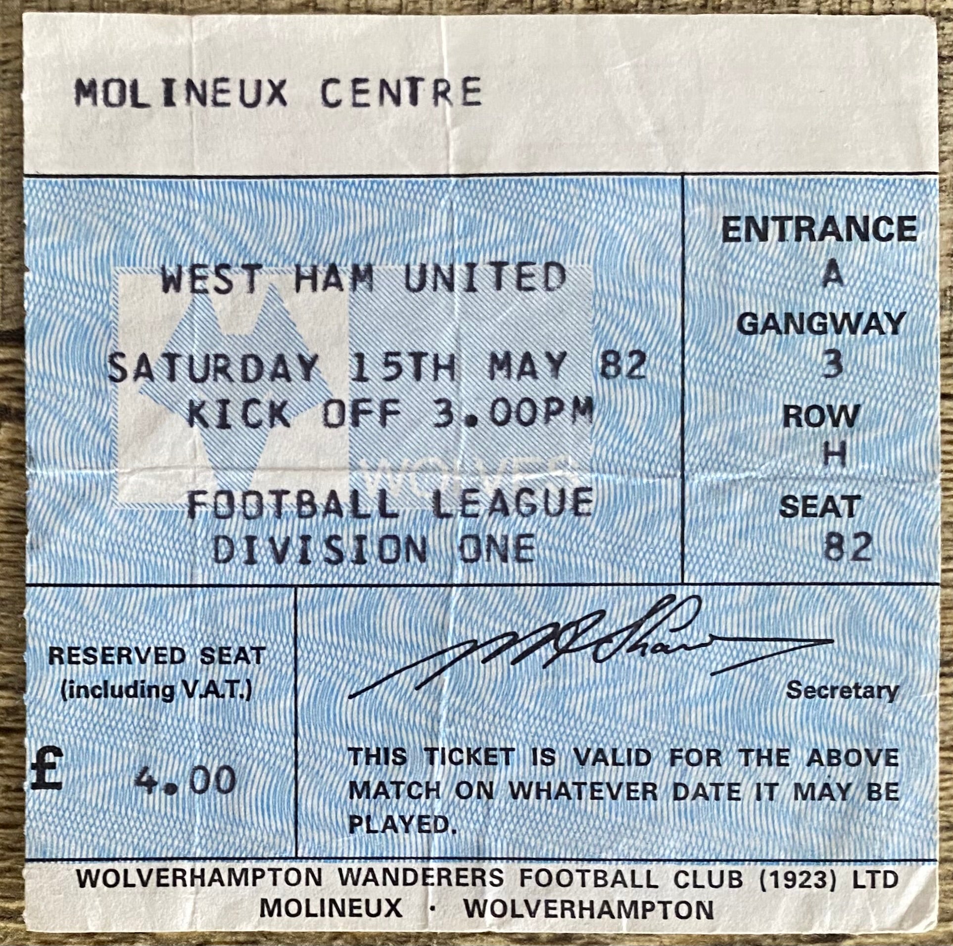 1981/82 ORIGINAL DIVISION 1 TICKET WOLVERHAMPTON WANDERERS V WEST HAM UNITED