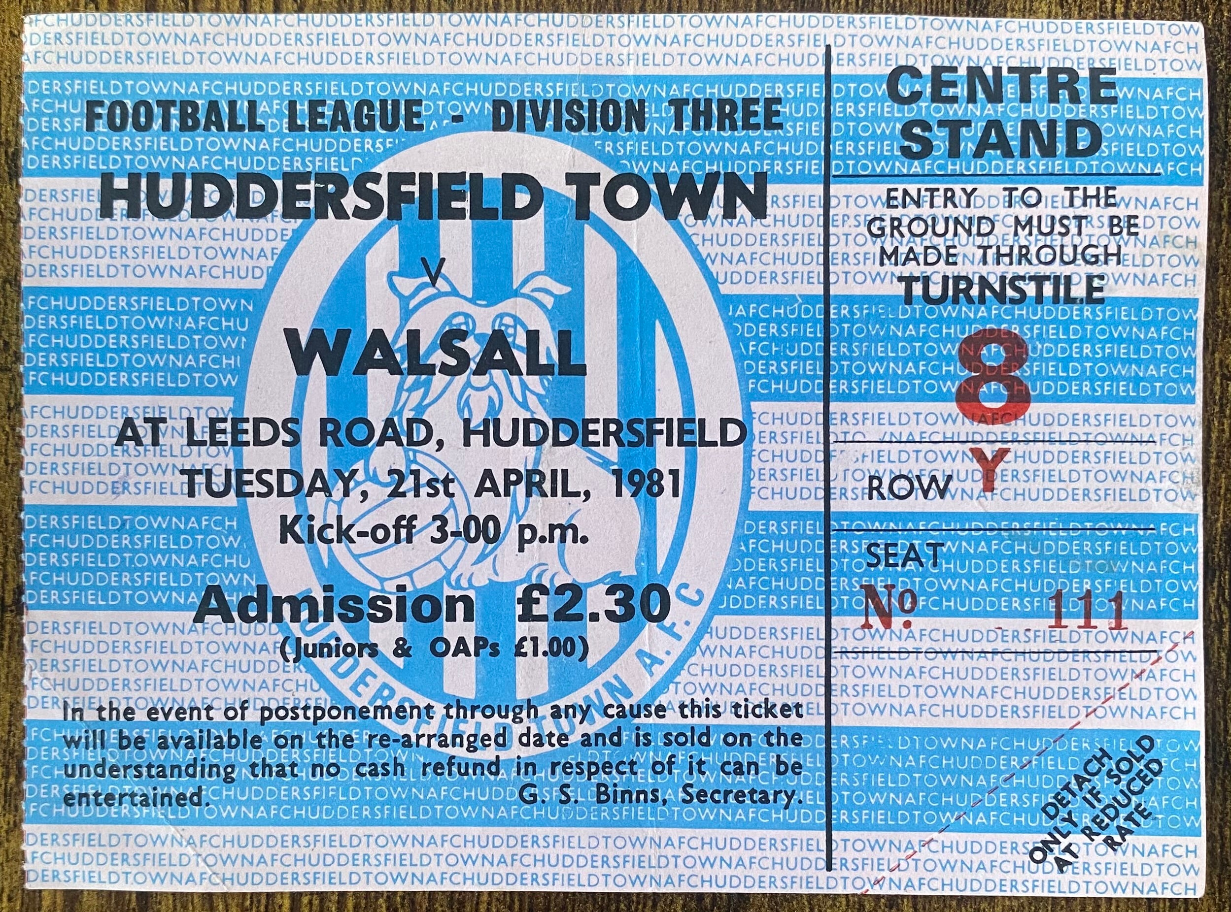 1980/81 ORIGINAL DIVISION 3 TICKET HUDDERSFIELD TOWN V WALSALL
