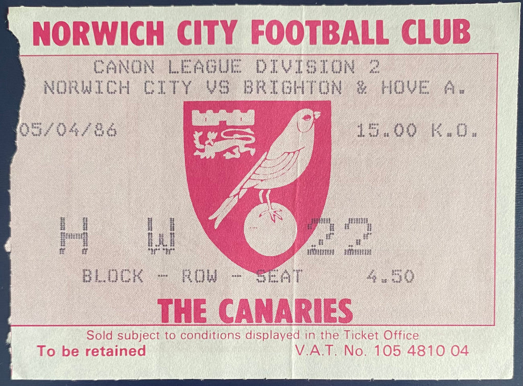 1985/86 ORIGINAL DIVISION 2 TICKET NORWICH CITY V BRIGHTON AND HOVE ALBION