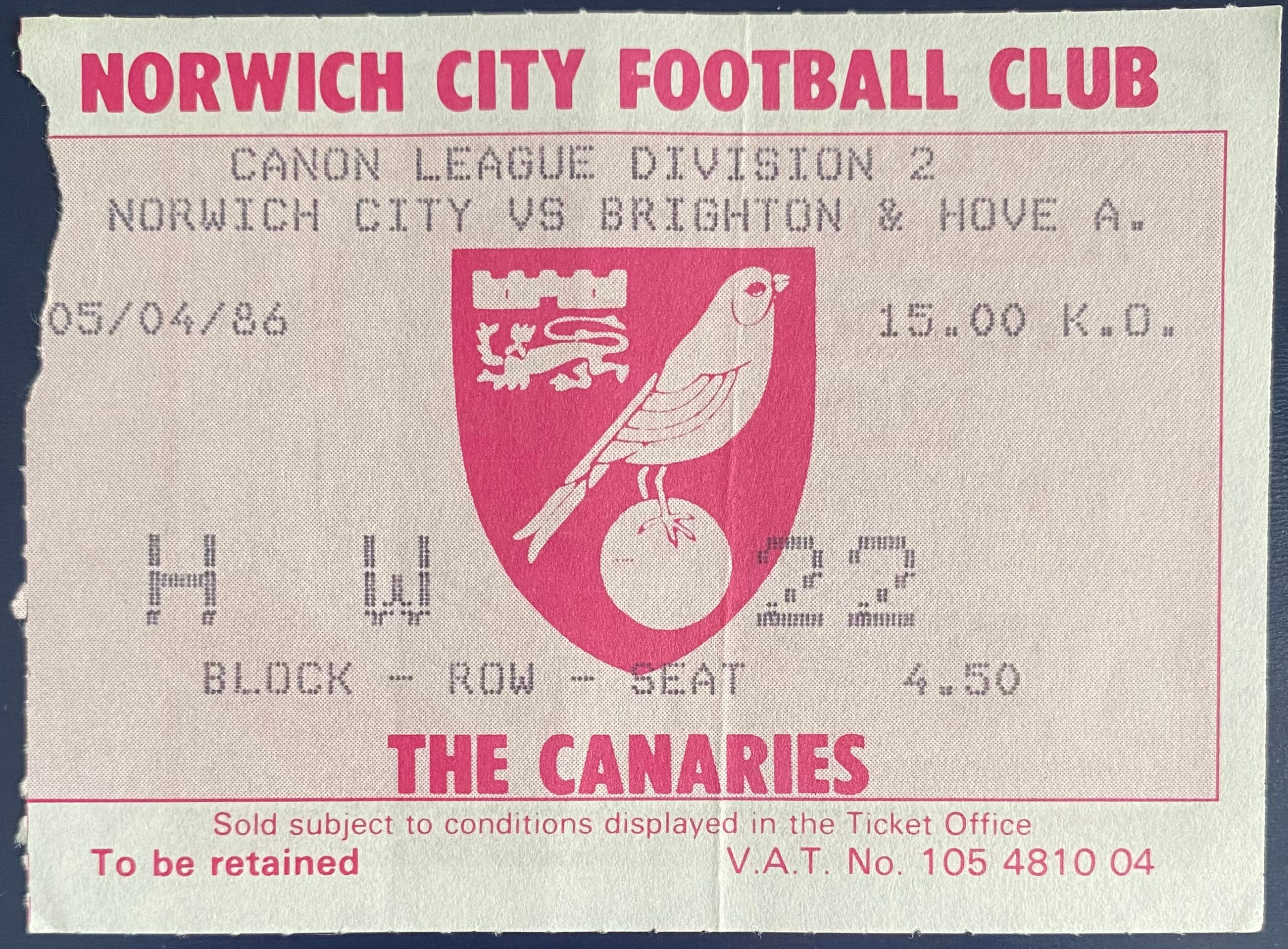 1985/86 ORIGINAL DIVISION 2 TICKET NORWICH CITY V BRIGHTON AND HOVE ALBION