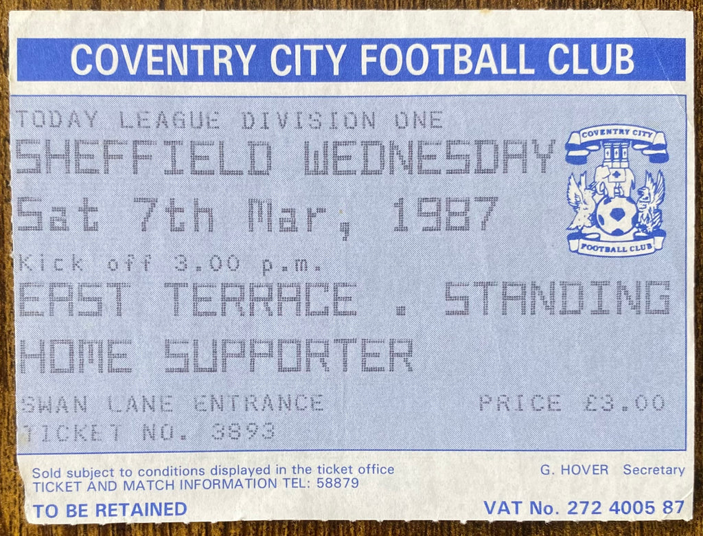 1986/87 ORIGINAL DIVISION 1 TICKET COVENTRY CITY V SHEFFIELD WEDNESDAY