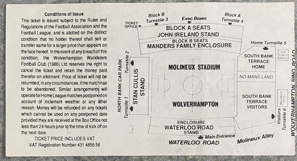 1992/93 ORIGINAL DIVISION 1 TICKET WOLVERHAMPTON WANDERERS V NOTTS COUNTY