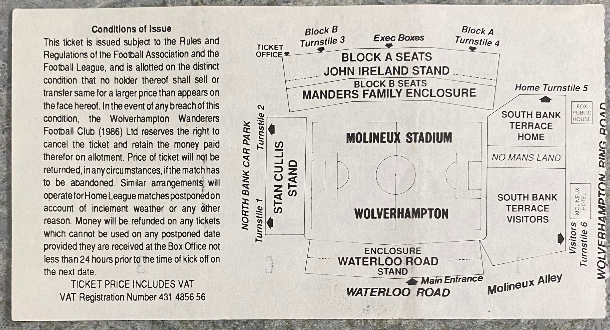 1992/93 ORIGINAL DIVISION 1 TICKET WOLVERHAMPTON WANDERERS V NOTTS COUNTY