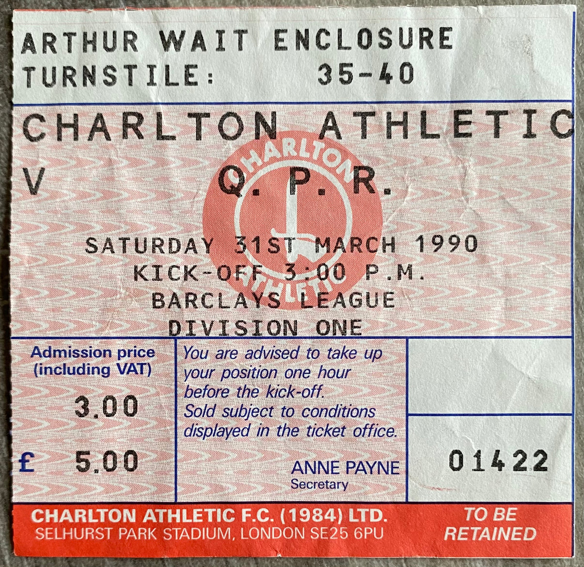 1989/90 ORIGINAL DIVISION ONE TICKET CHARLTON ATHLETIC V QUEENS PARK RANGERS