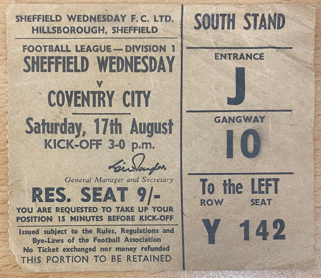 1968/69 ORIGINAL DIVISION 1 TICKET SHEFFIELD WEDNESDAY V COVENTRY CITY