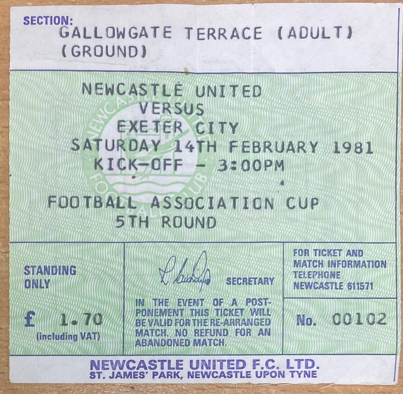 1980/81 ORIGINAL FA CUP 5TH ROUND TICKET NEWCASTLE UNITED V EXETER CITY