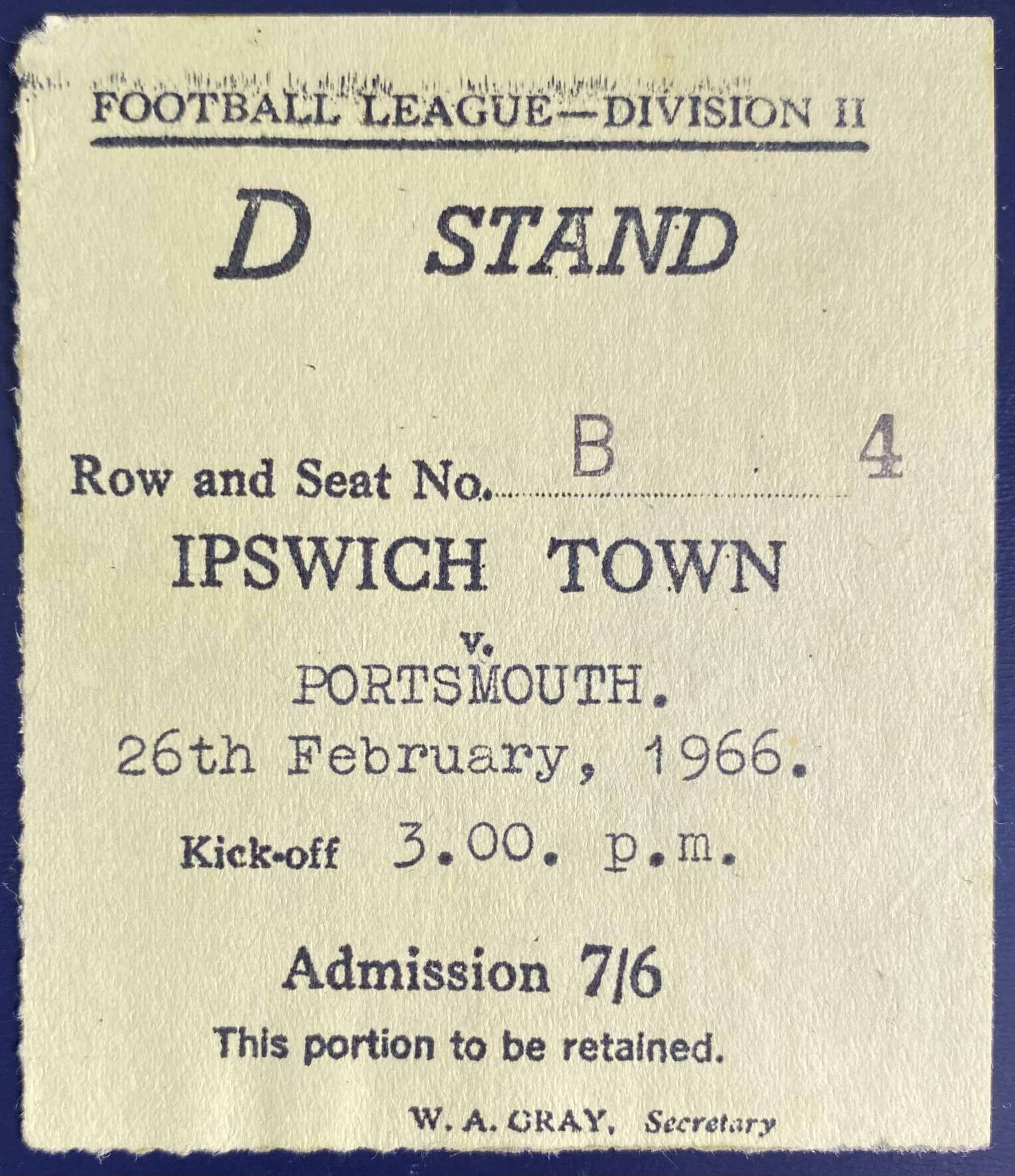 1965/66 ORIGINAL DIVISION 2 TICKET IPSWICH TOWN V PORTSMOUTH
